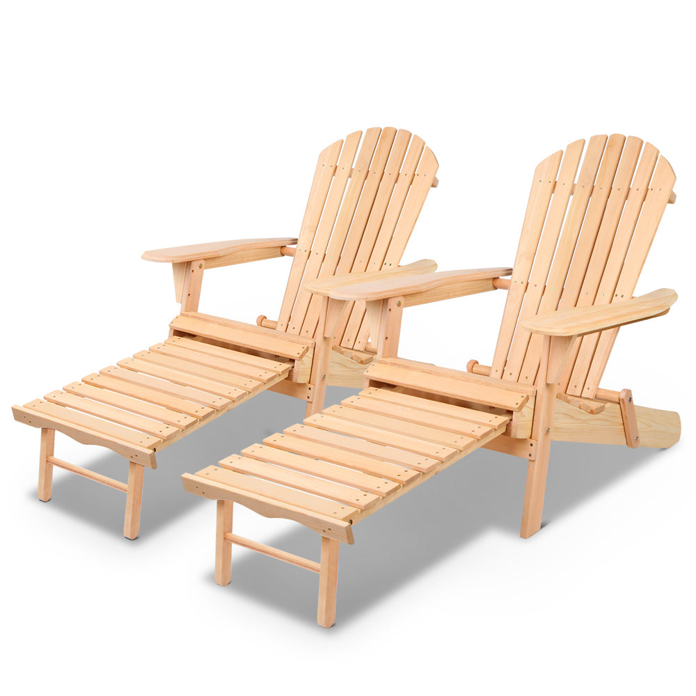 Set of two natural wood Adirondack-style lounge chairs with slatted seats and footrests
