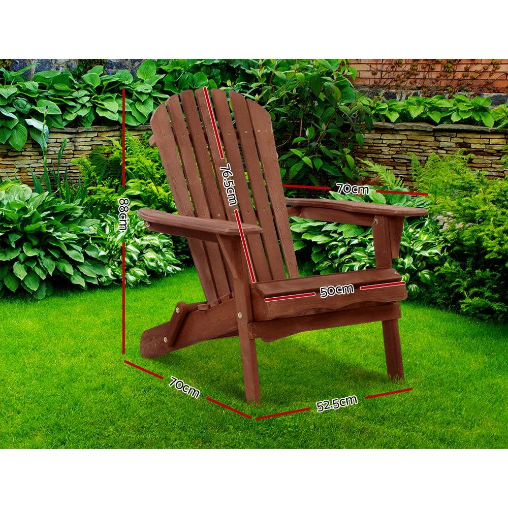 Brown wooden Adirondack folding chair with slatted back and wide arms