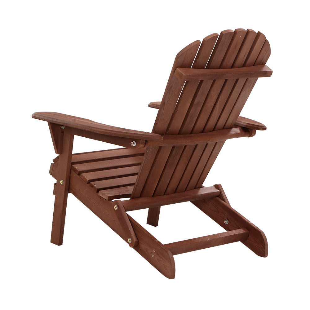 Brown wooden Adirondack folding chair with slatted seat and backrest