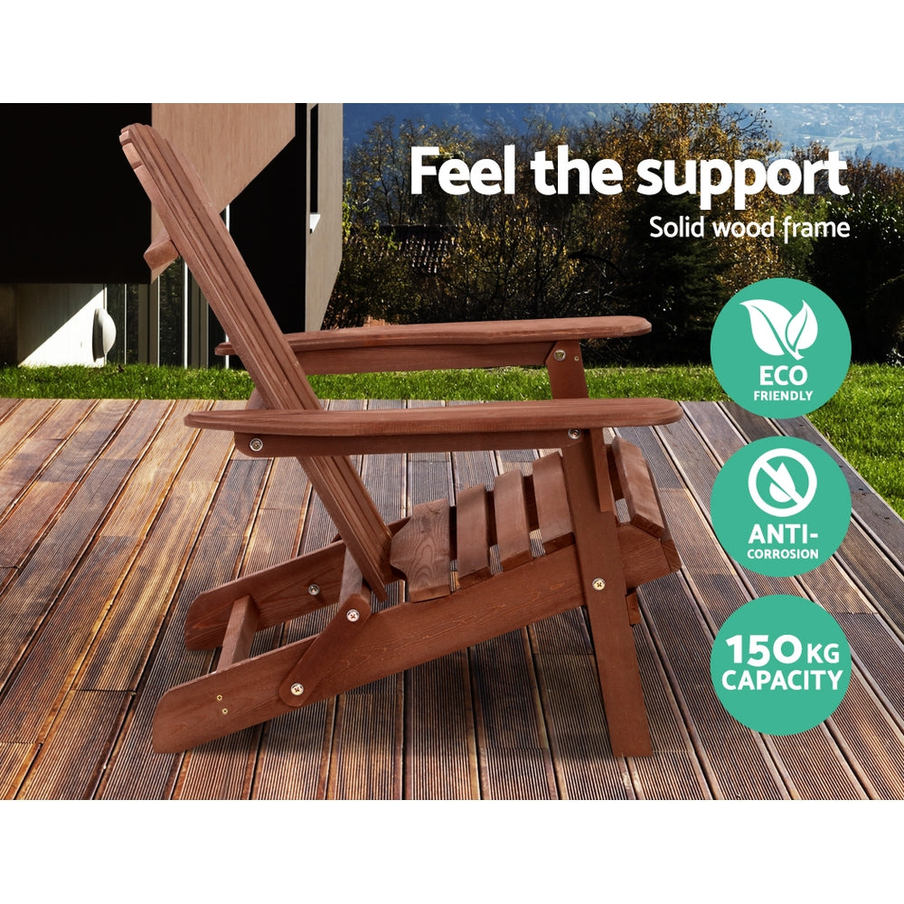 Brown wooden Adirondack folding chair with extended leg/footrest