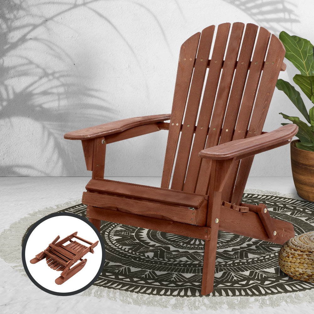 Brown wooden Adirondack folding chair with slatted back and wide armrests