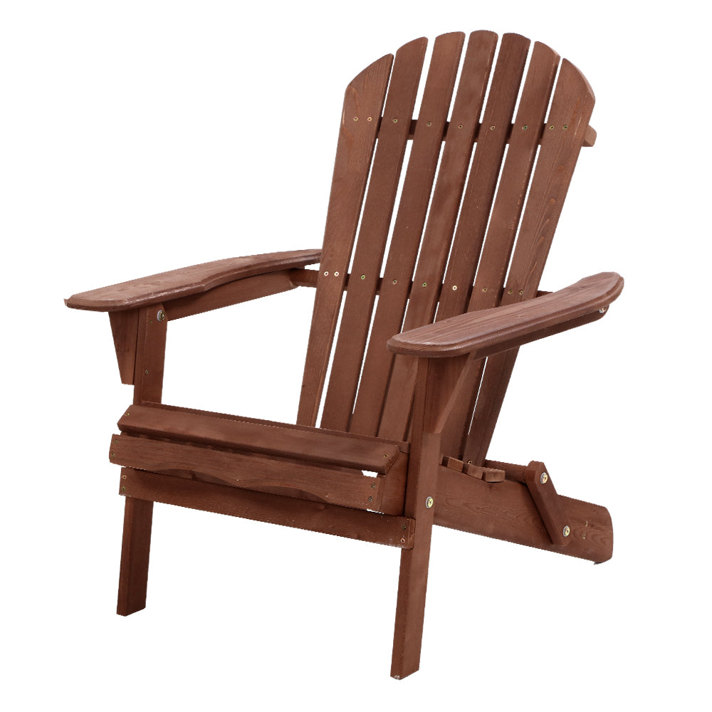 Brown wooden Adirondack folding chair with slatted back and armrests