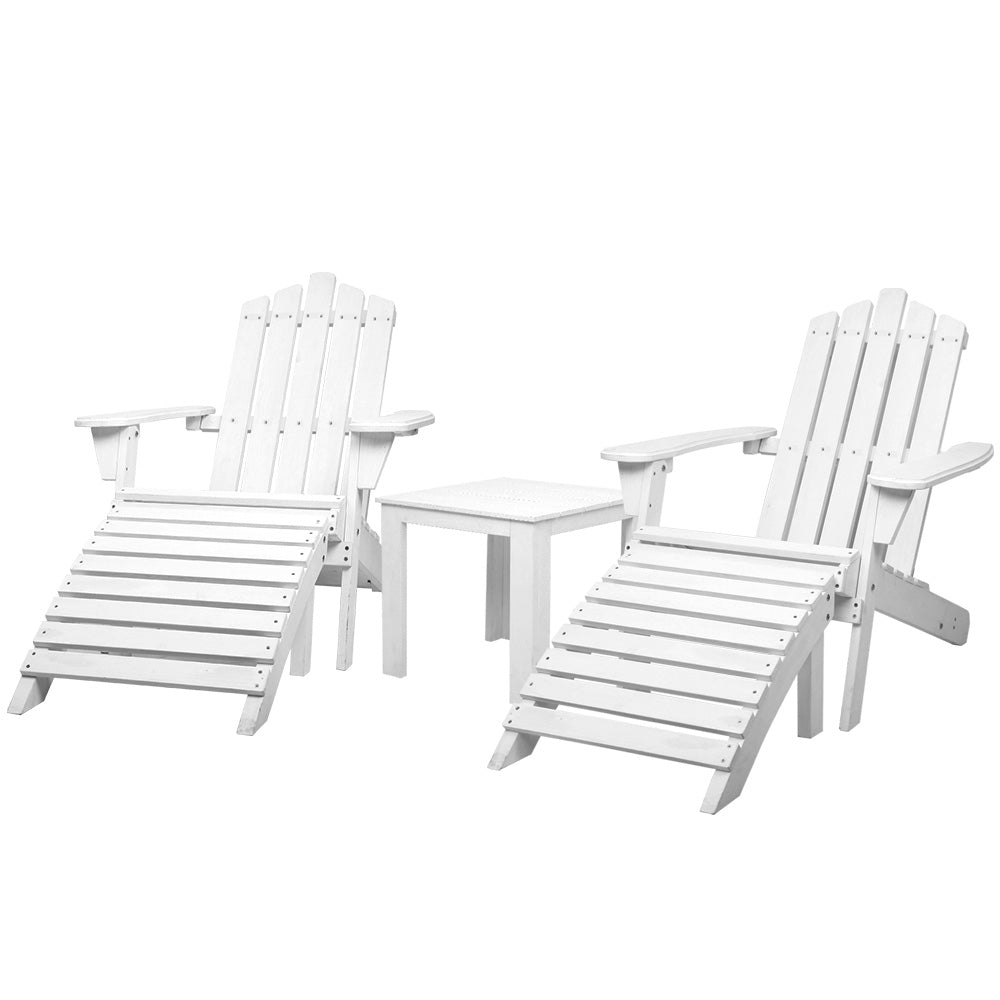 White Adirondack chairs with small patio table, studio front view