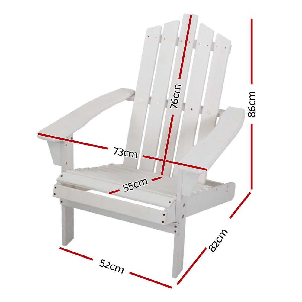 White wooden Adirondack chair with dimensions shown; slatted back and seat