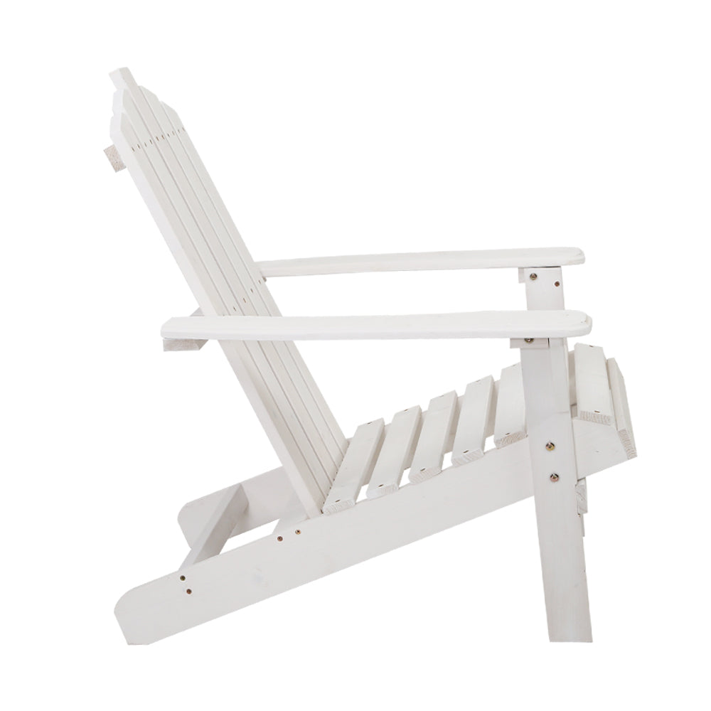 White wooden Adirondack chair side view with slatted back and armrests