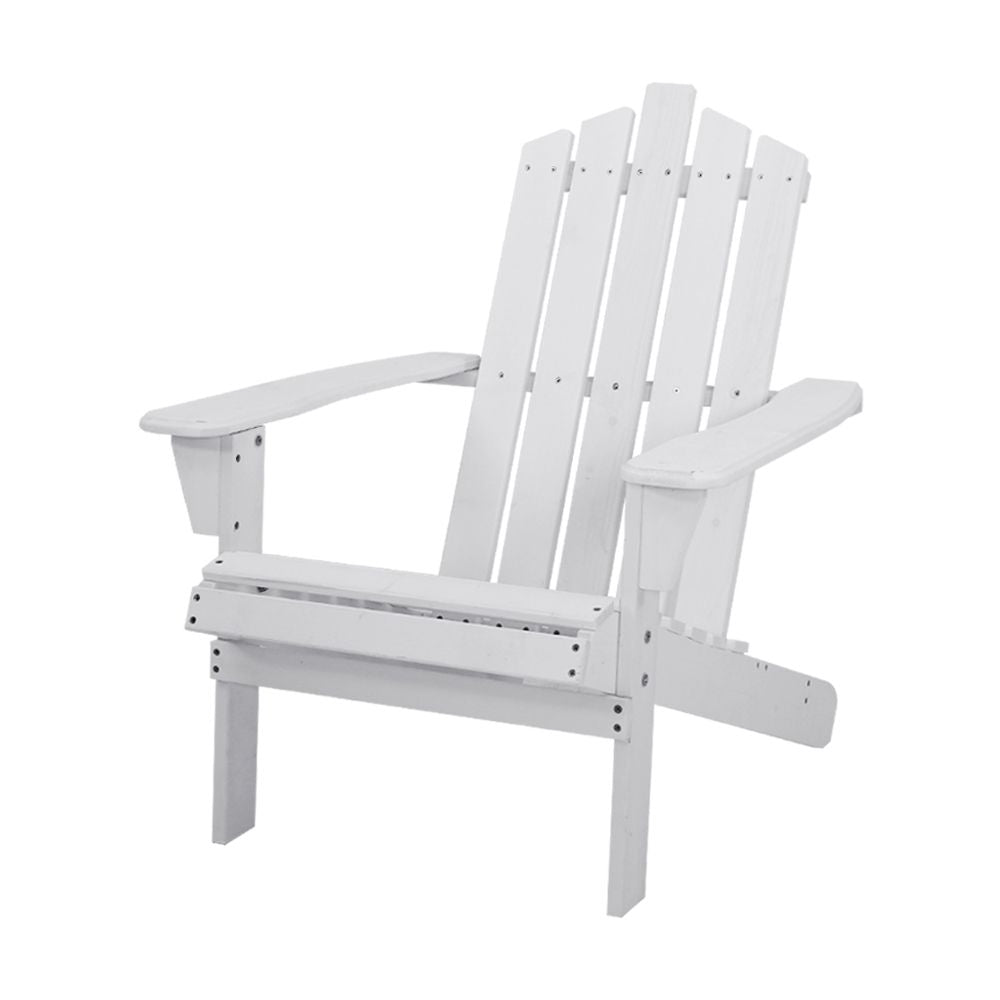 White wooden Adirondack outdoor chair front view with slatted back and armrests
