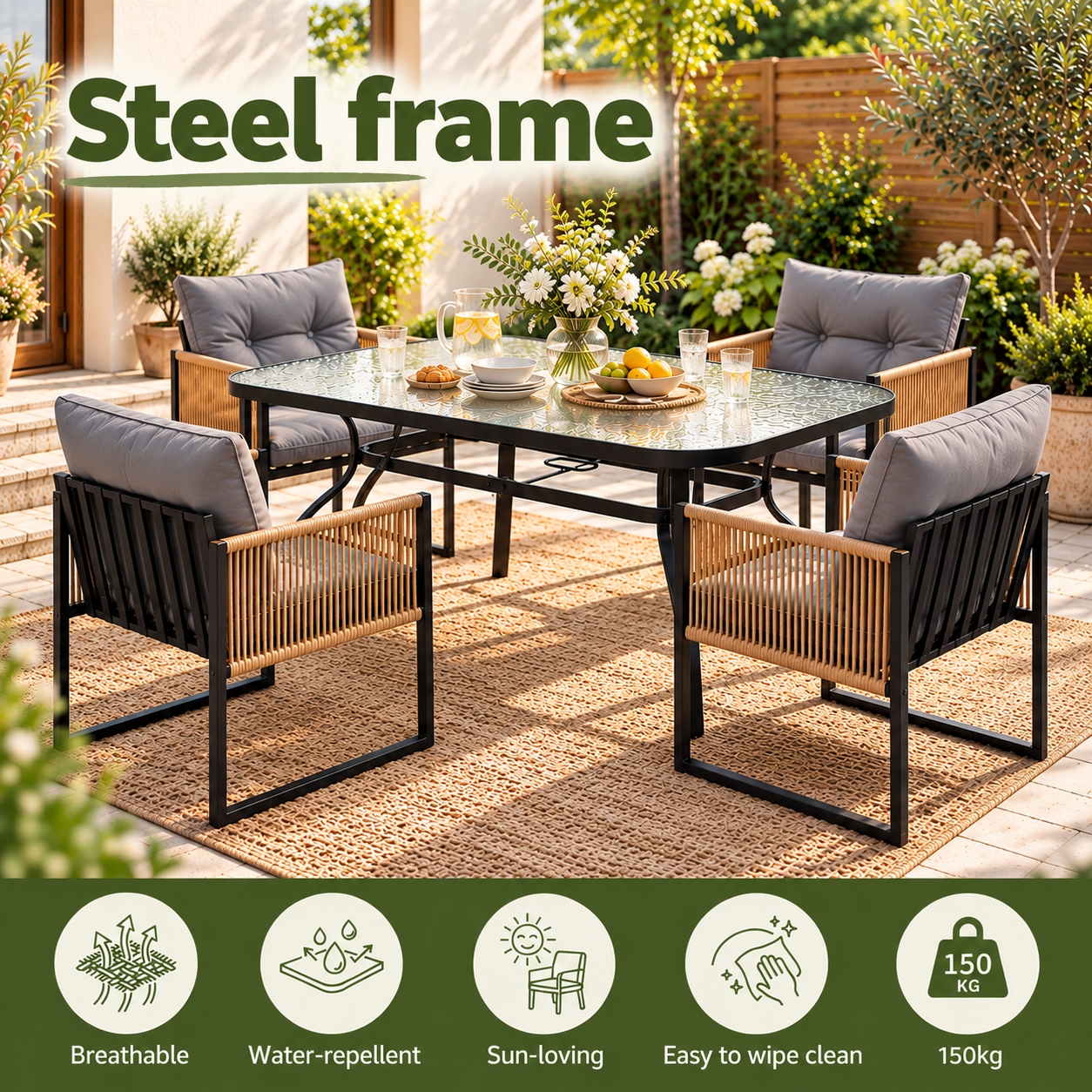 Gardeon 5PC Outdoor Dining Set 120CM Table and Chairs Patio Furniture Garden Cushion Bedworld