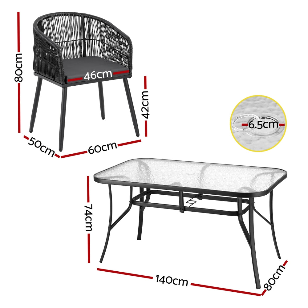Outdoor dining table and chair set size diagram with woven backs