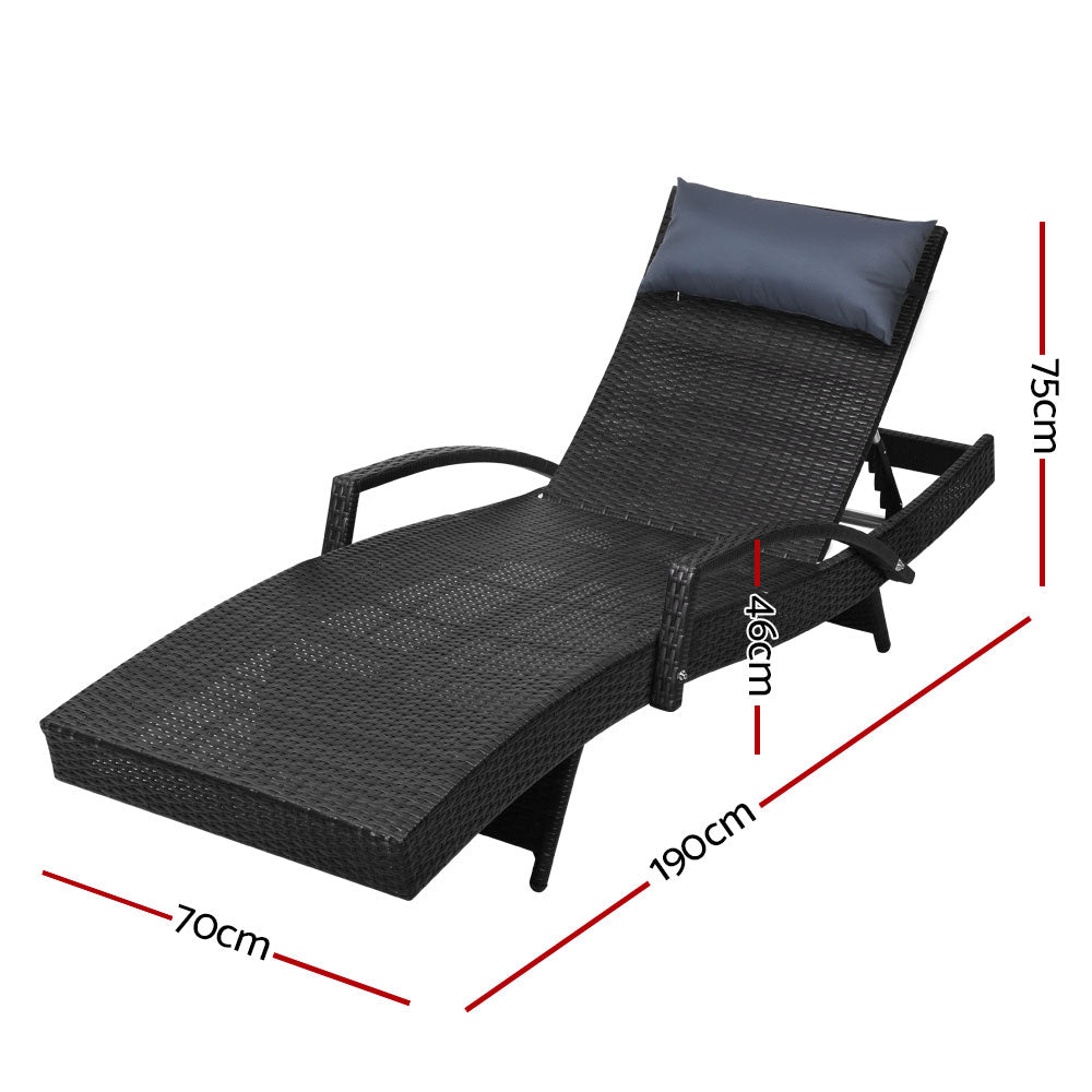 Outdoor wicker lounge chair with armrest, black cushion, reclining seat and backrest