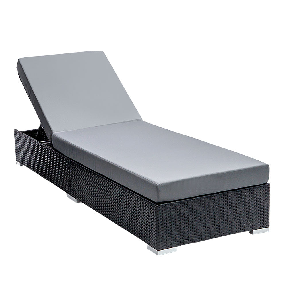 Black woven chaise lounger with light gray padded seat and backrest, side view