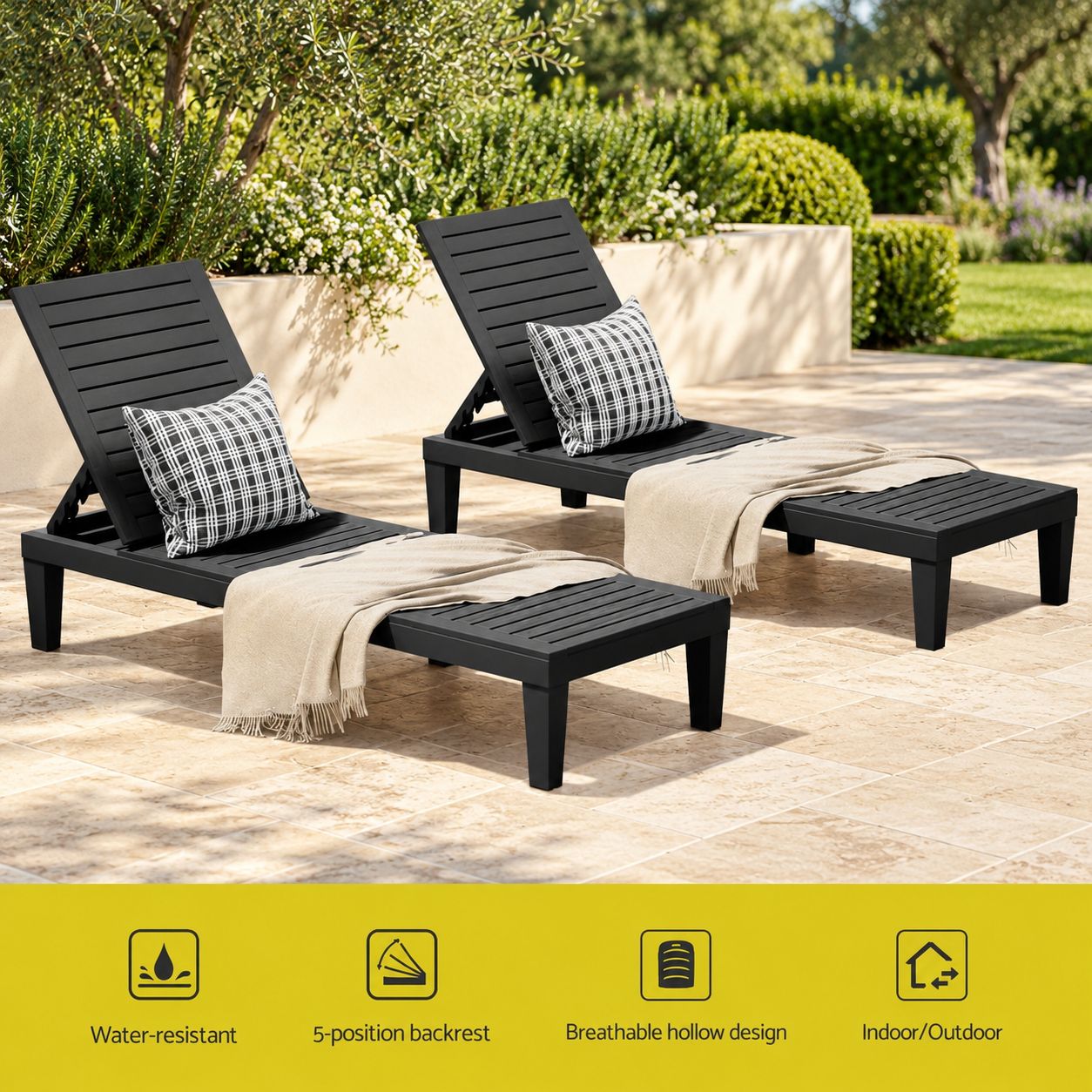 Gardeon 2x Sun Lounge Adjustable Recliner Patio Outdoor Furniture Lightweight Black Bedworld