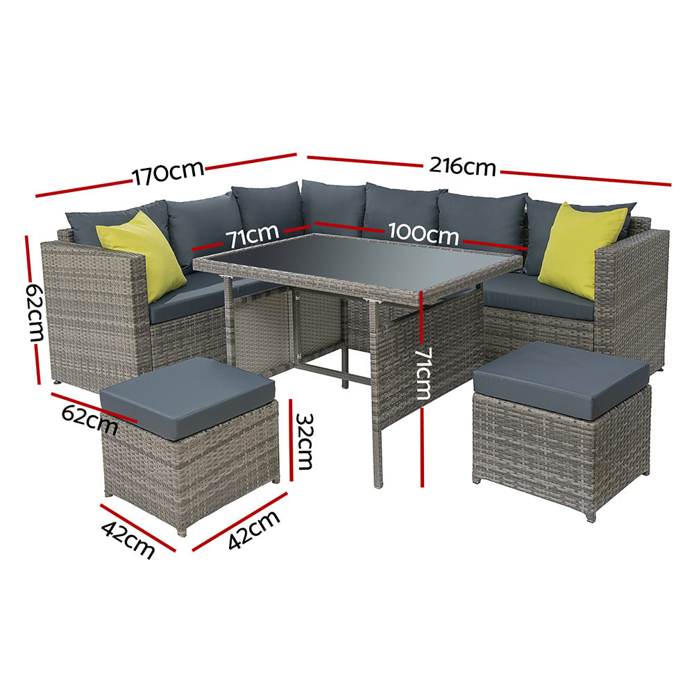 Outdoor dining set with grey wicker-look corner seats, dark cushions, table and ottomans
