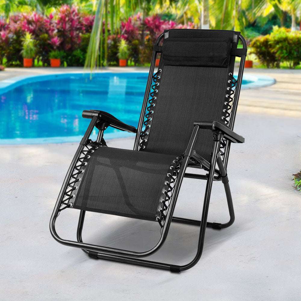 Gravity Chair Folding Outdoor Recliner Adjustable Sun Lounge Camping Black