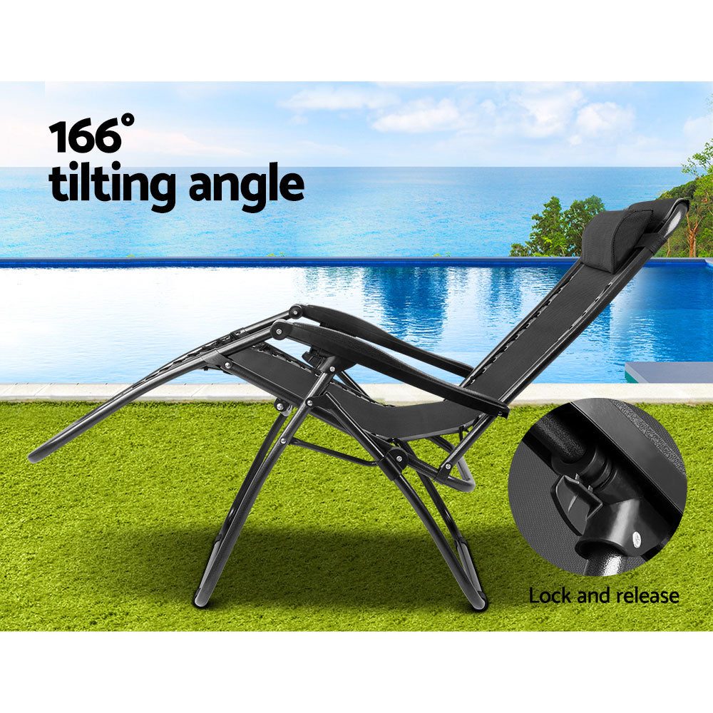 Gravity Chair Folding Outdoor Recliner Adjustable Sun Lounge Camping Black