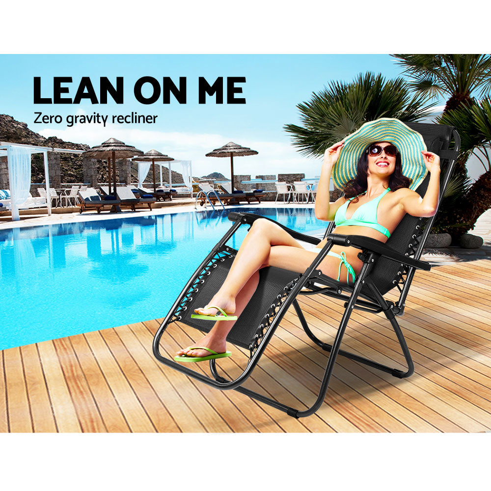 Gravity Chair Folding Outdoor Recliner Adjustable Sun Lounge Camping Black