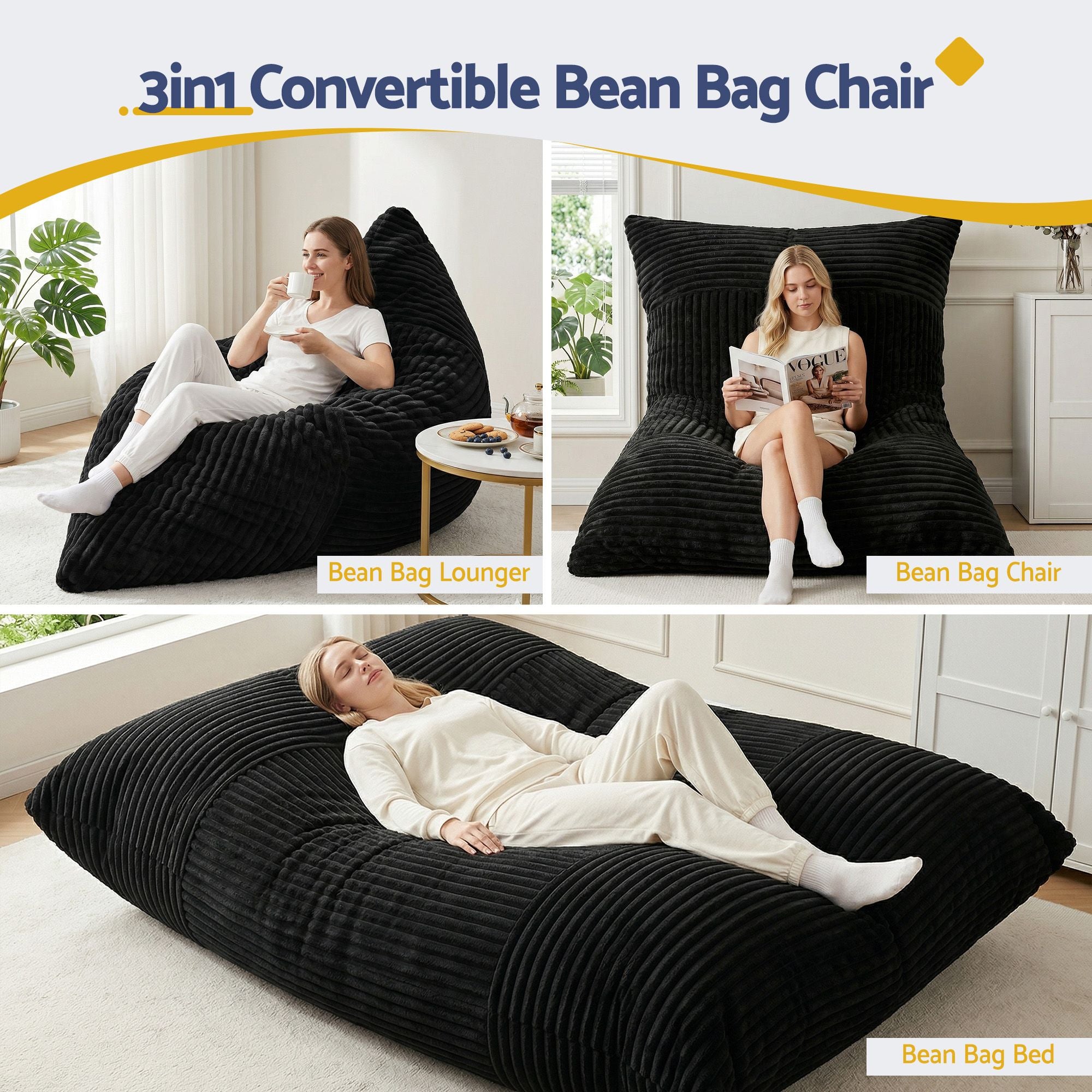 Artiss 3-in-1 Bean Bag Chair for Living Room Convertible Floor Sofa Dark Grey Bedworld