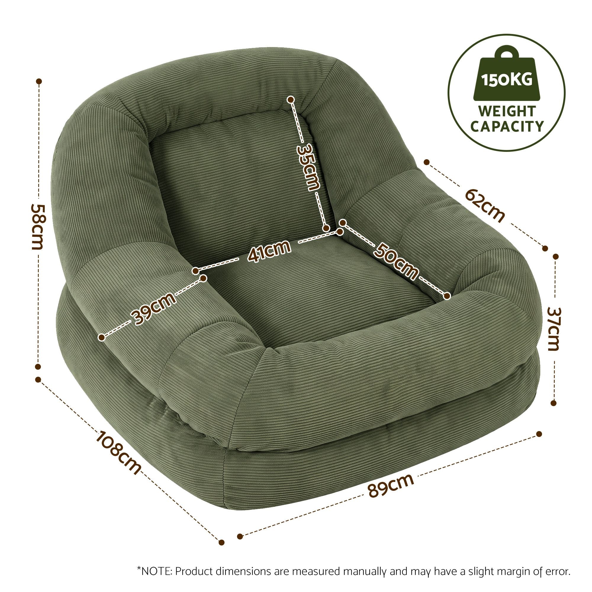 Artiss Armchair Floor Chair Couch Recliner 1 Seater Cloud Chaise Lounge Corduroy Green Bedworld