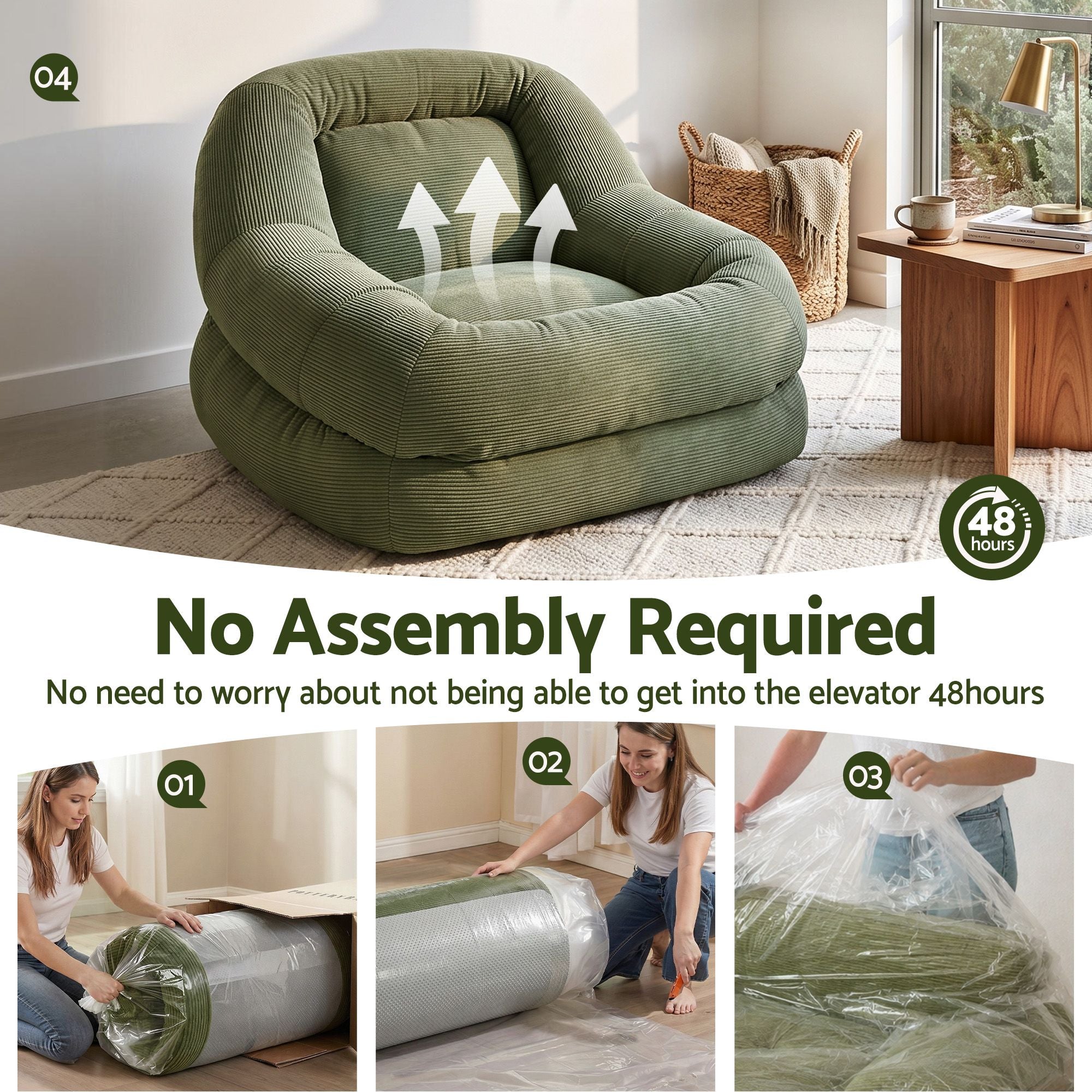 Artiss Armchair Floor Chair Couch Recliner 1 Seater Cloud Chaise Lounge Corduroy Green Bedworld