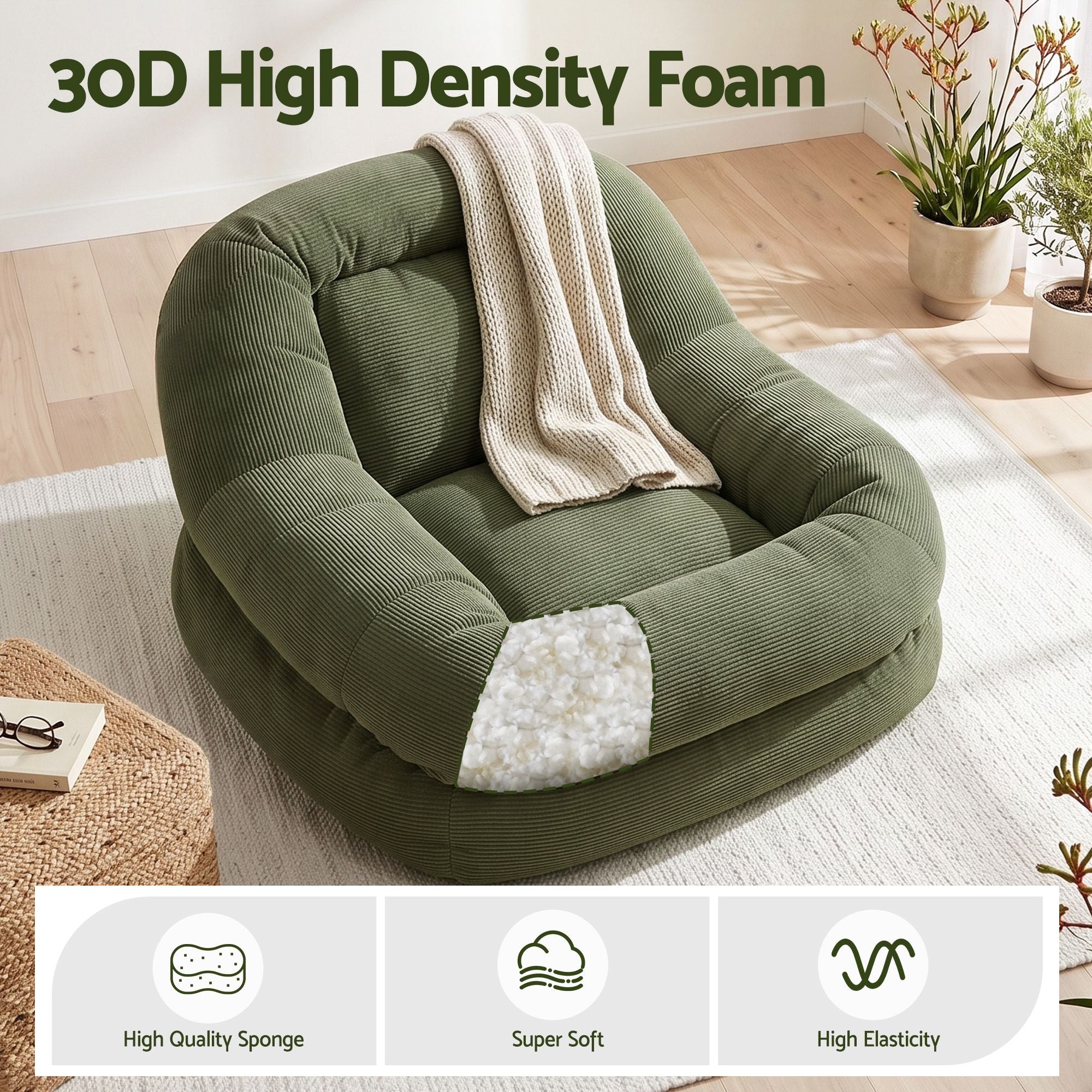 Artiss Armchair Floor Chair Couch Recliner 1 Seater Cloud Chaise Lounge Corduroy Green Bedworld