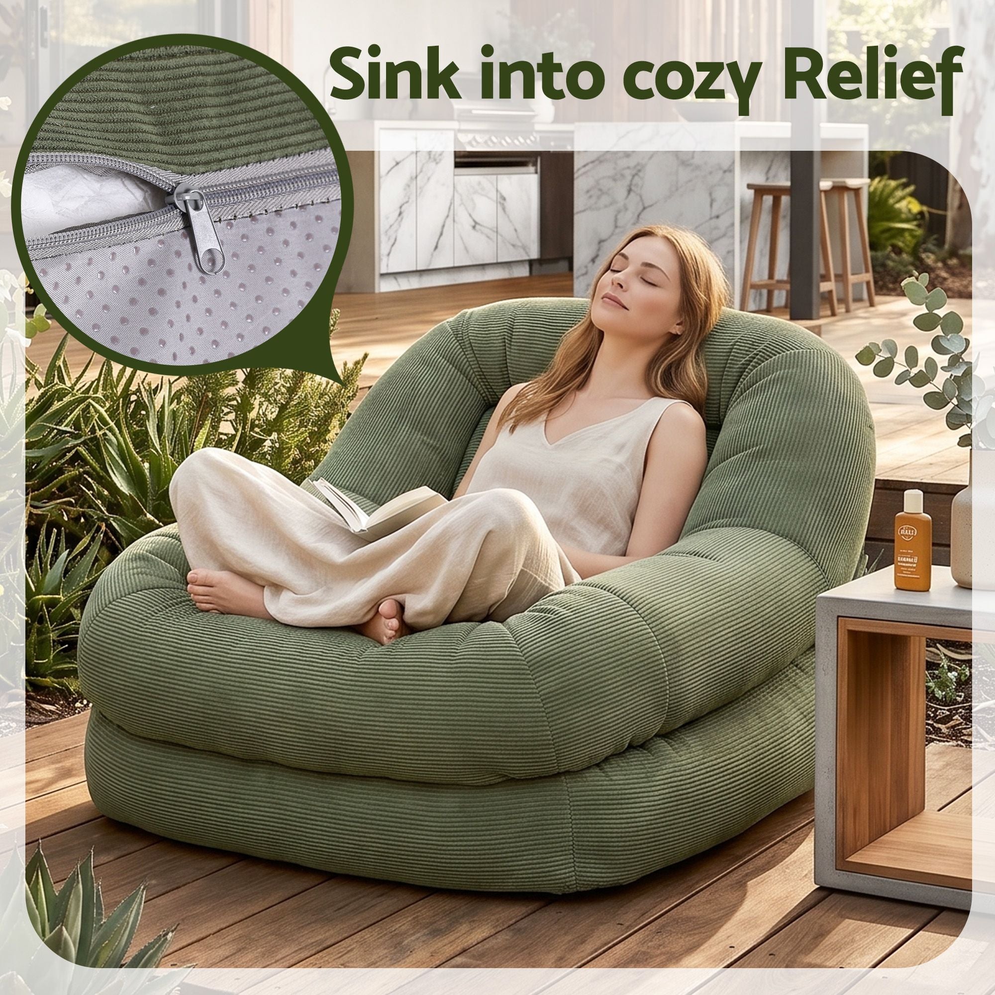 Artiss Armchair Floor Chair Couch Recliner 1 Seater Cloud Chaise Lounge Corduroy Green Bedworld