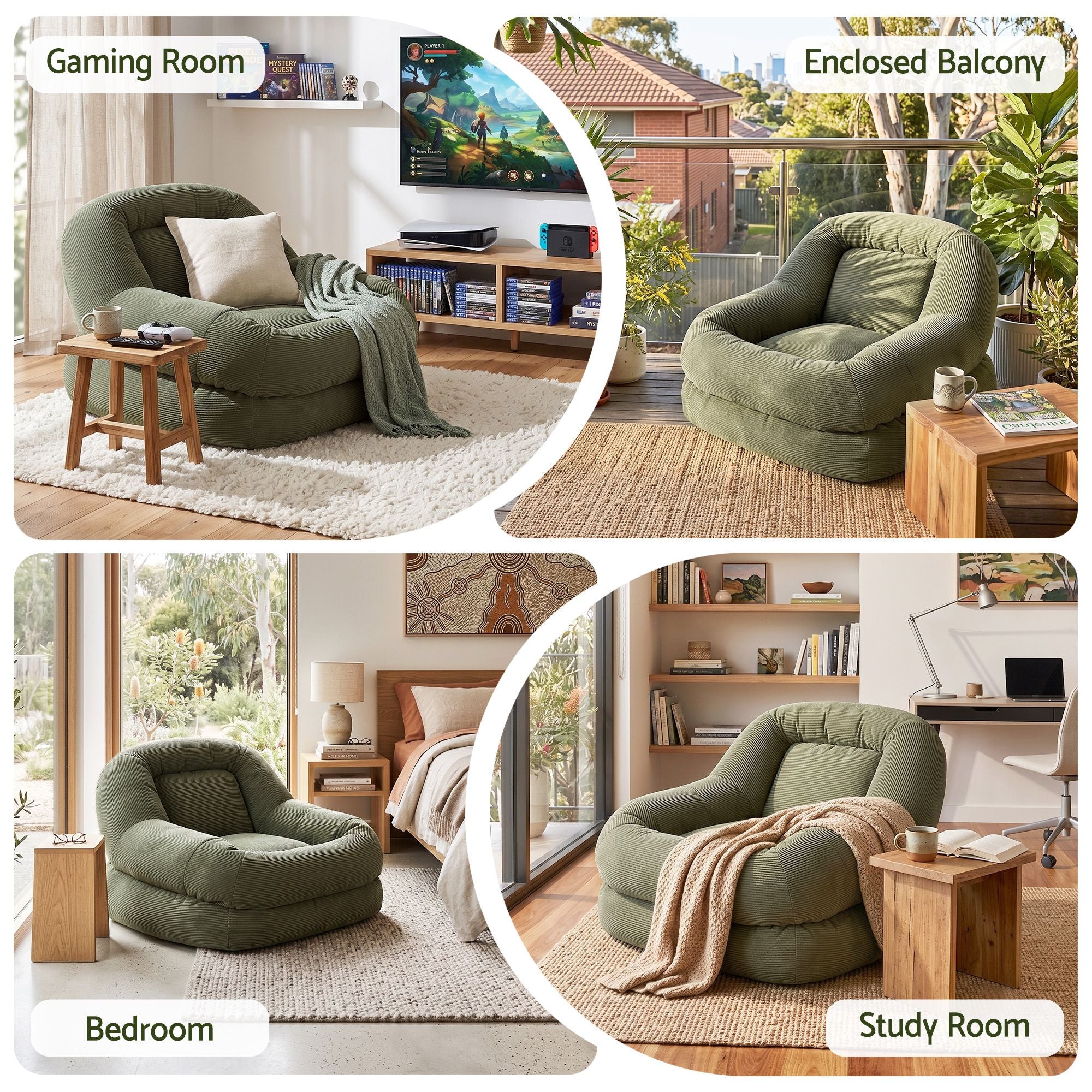 Artiss Armchair Floor Chair Couch Recliner 1 Seater Cloud Chaise Lounge Corduroy Green Bedworld