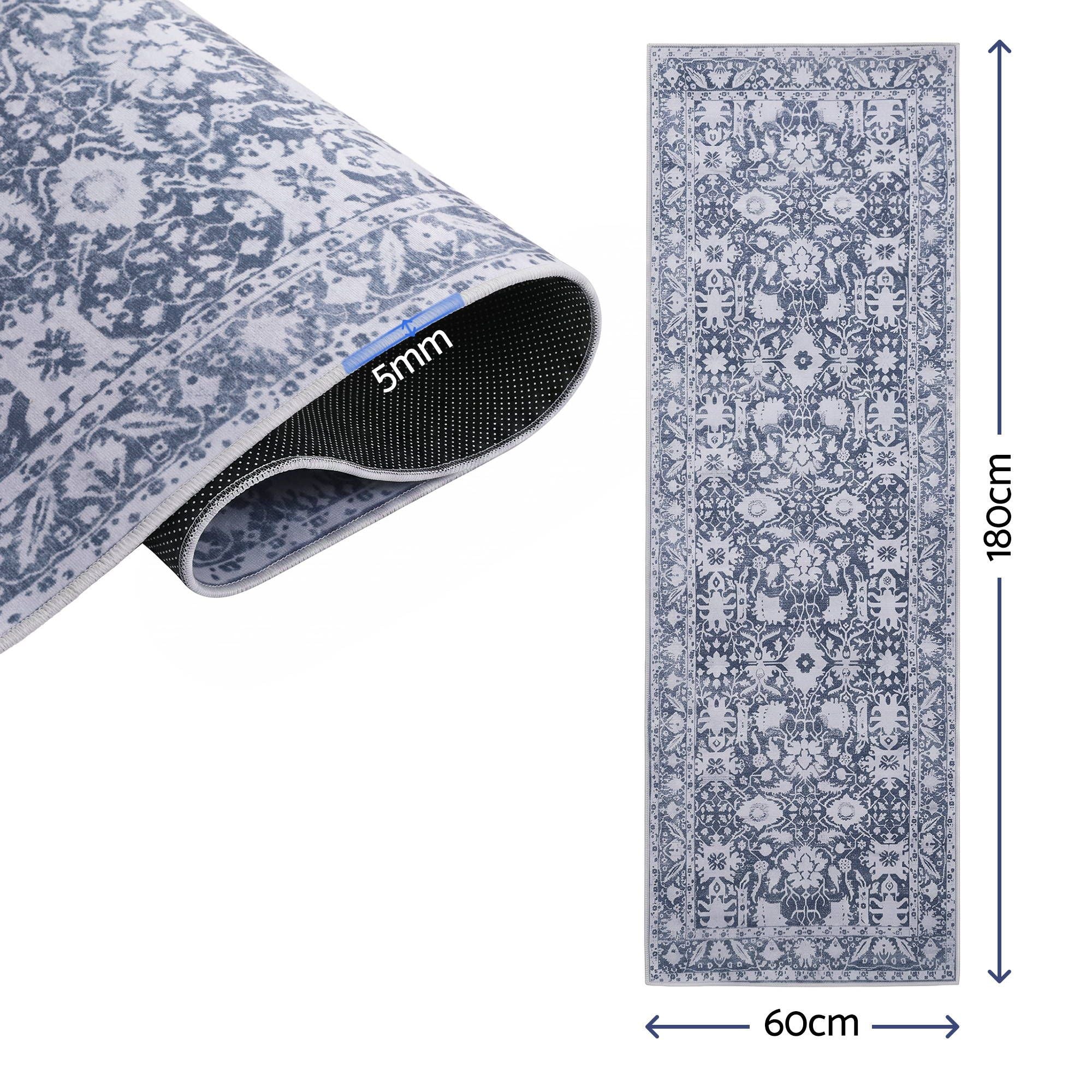 Artiss 60 x 180 cm Runner Rugs for Hallway Bedroom Pad-Free Dense Dot Backing Stops Slipping & Robot Vacuum Friendly, Vintage Carpet for Reading Nook Dining Area, 100% Polyester Washable Bedworld