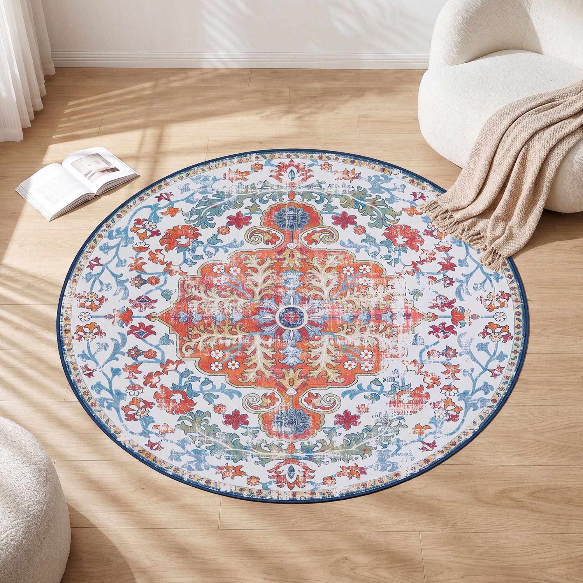 Artiss 120 cm Round Rugs for Living Room With Silicone Dots Grip For Bedroom Entryway 5mm Ultra Thin Foldable Machine Washable Vintage Boho Floor Carpet Bedworld