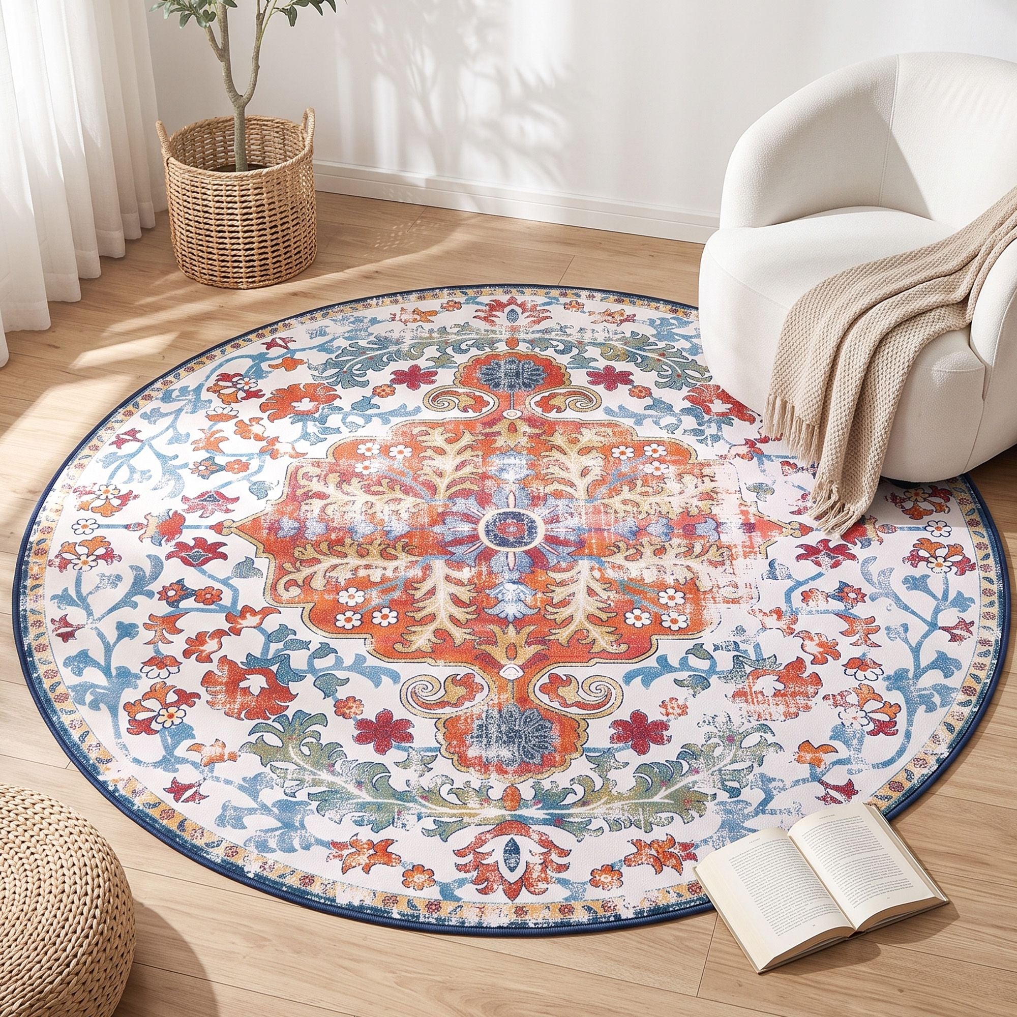 Artiss 160 cm Round Rugs for Living Room With Silicone Dots Grip For Bedroom Entryway 5mm Ultra Thin Foldable Machine Washable Vintage Boho Floor Carpet Bedworld