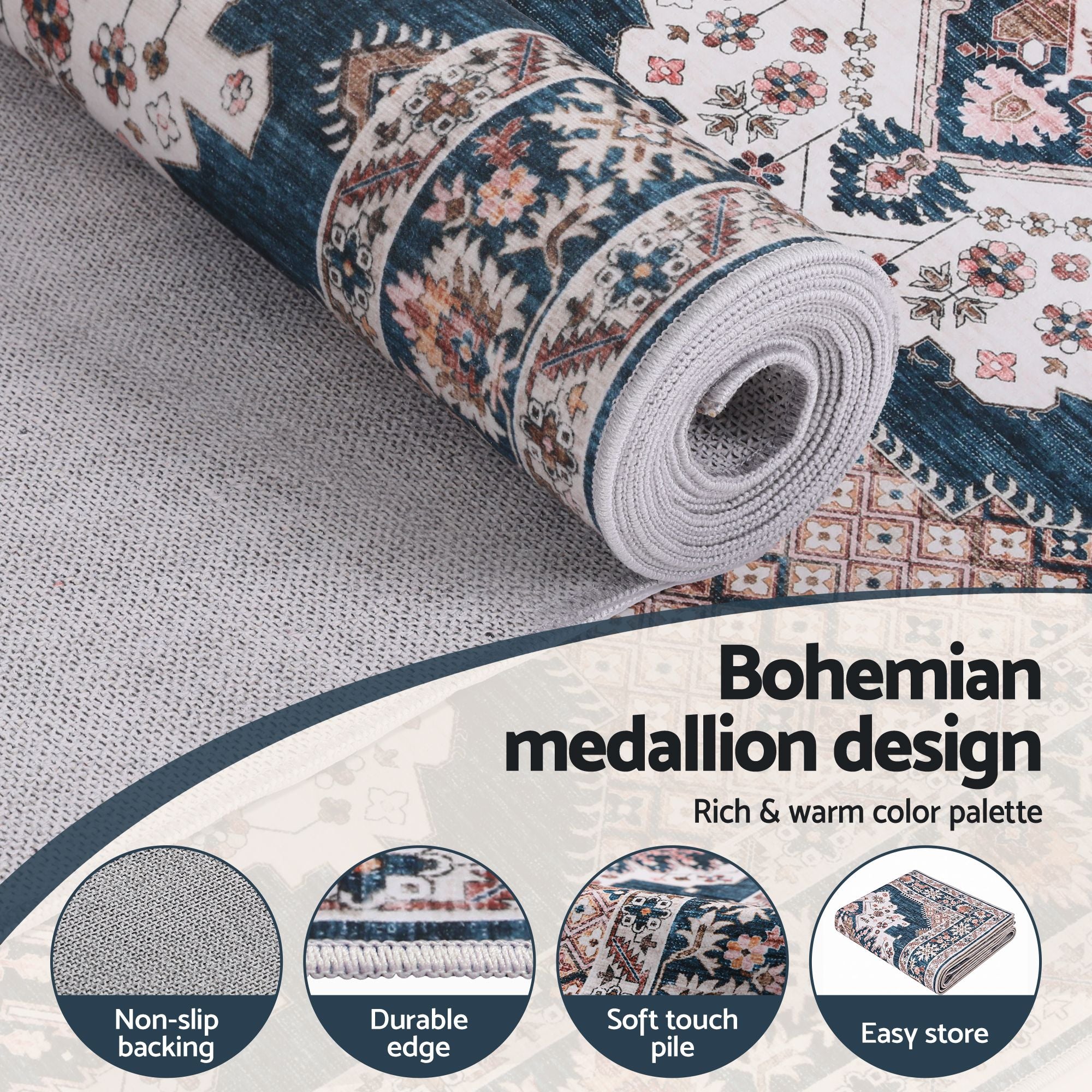 Artiss 80 x 180 cm Washable Runner Area Rug No Hard Glue Quilt-Like Soft for Home Decor, 0.5cm Ultra-Thin Pet Friendly Bohemian Medallion Bedroom Carpet Bedworld
