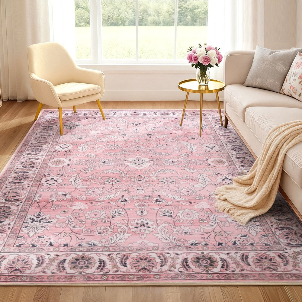 Pink vintage floral area rug with ornate borders, large living room floor rug.