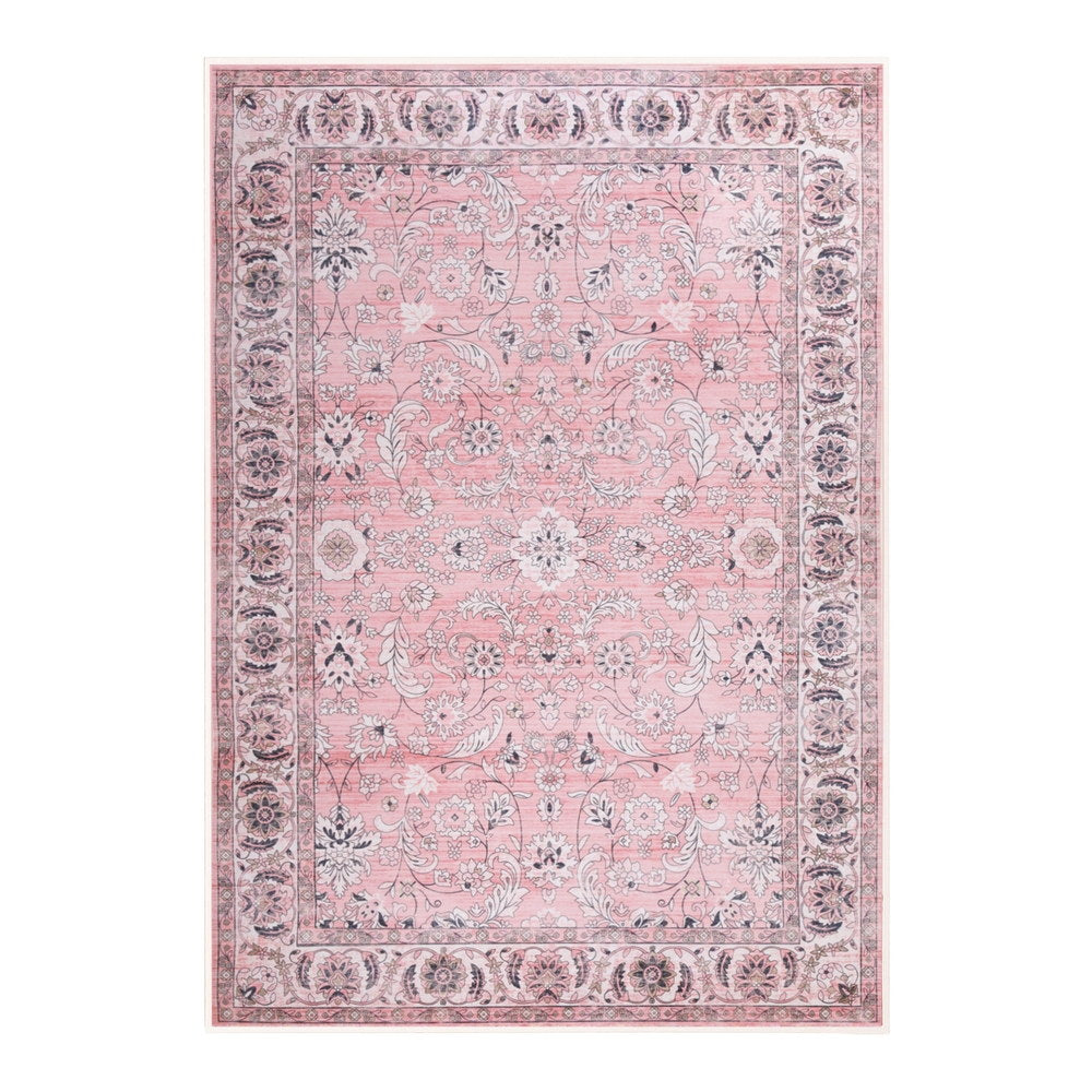 Pink vintage floral area rug with dark ornamental border and flat woven look.