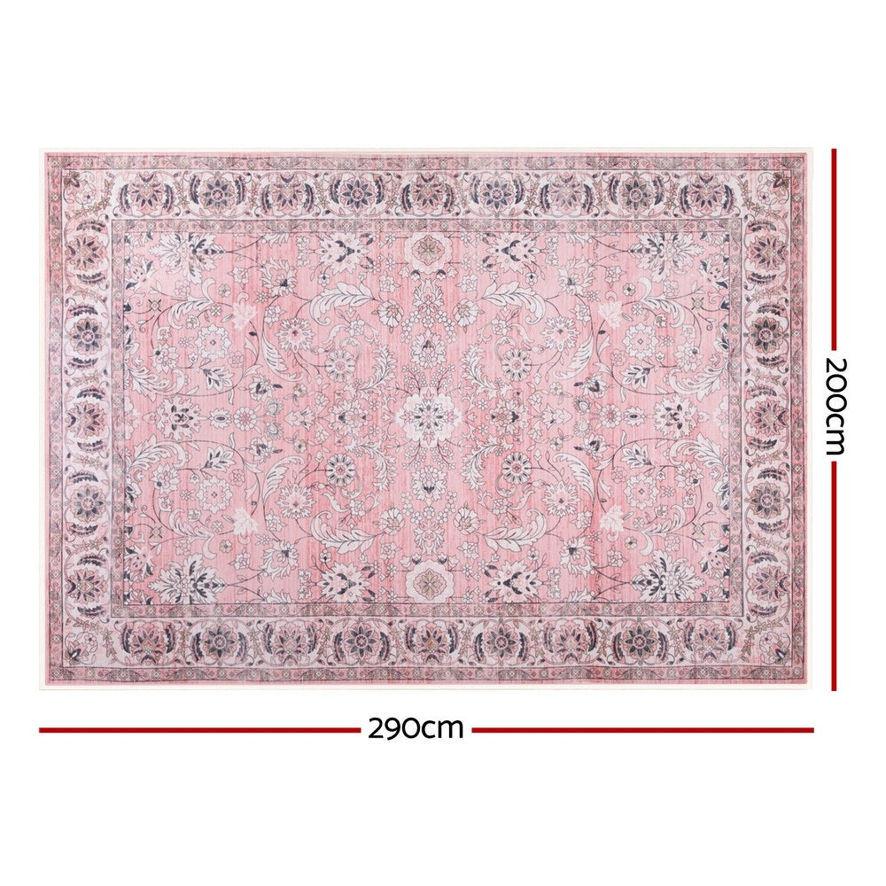 Pink vintage floral area rug, ornate border, 200 x 290 cm rectangle.
