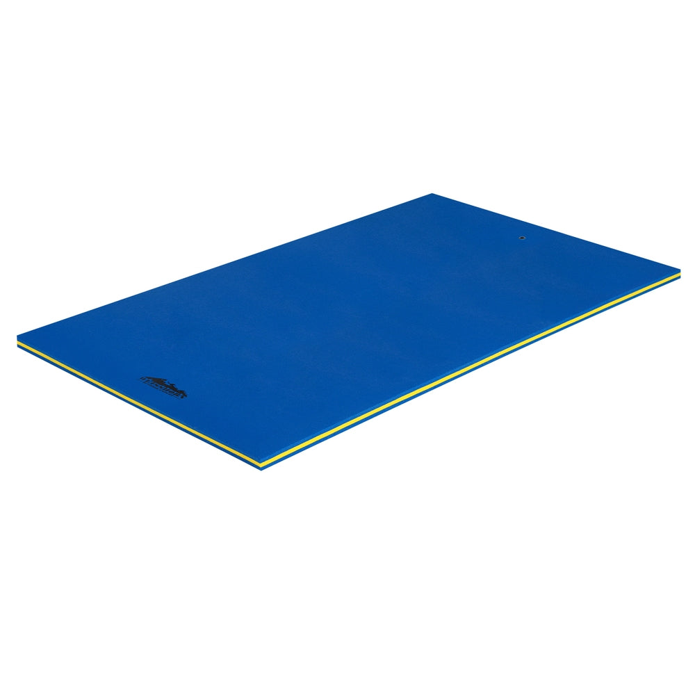 Blue floating water mat with yellow edge trim, rectangular foam platform