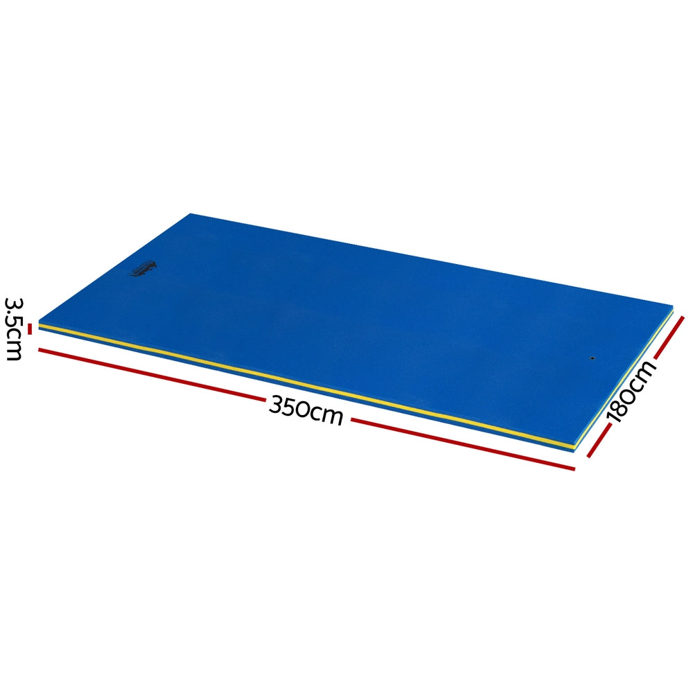 Blue floating foam mat with yellow border and marked side dimensions