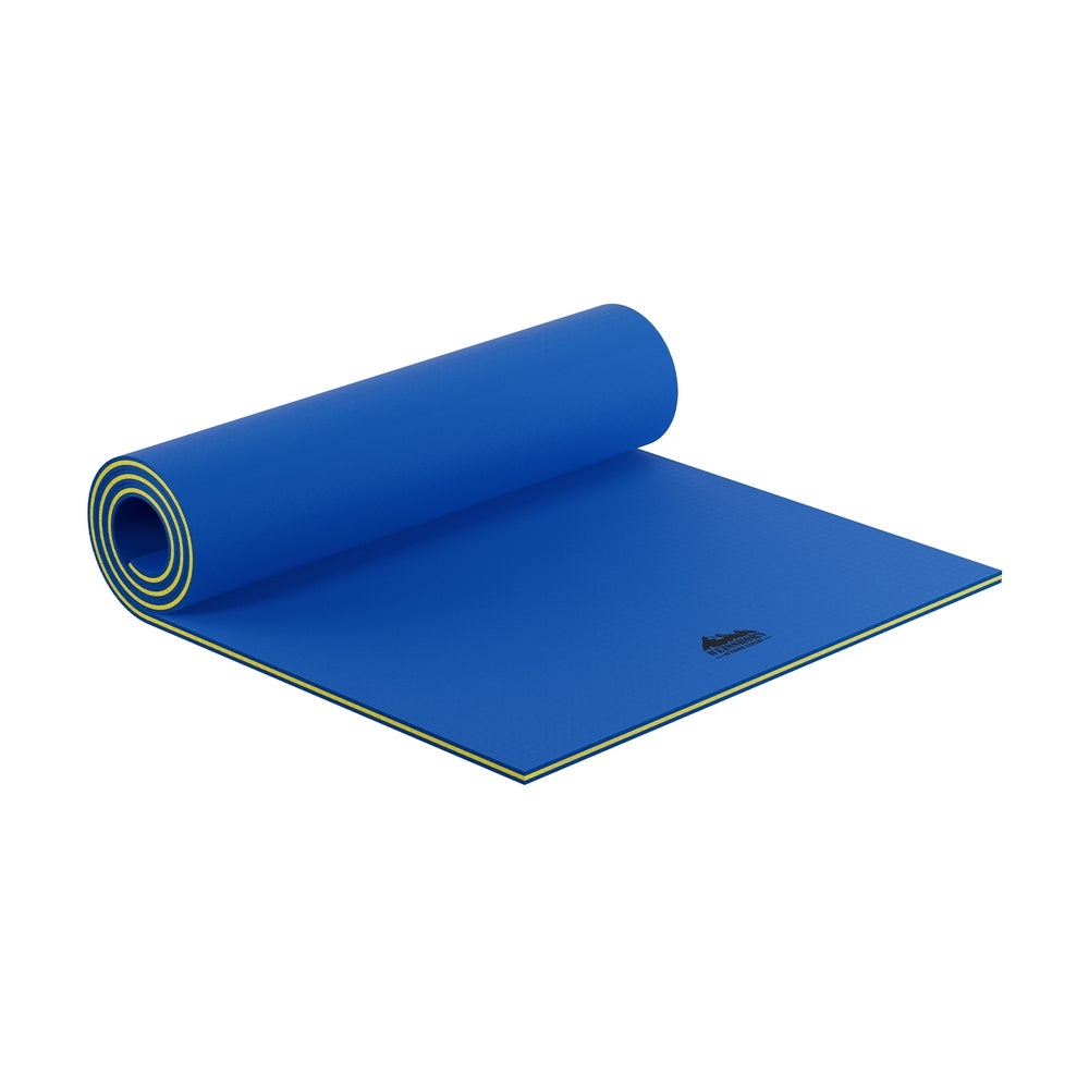 Rolled blue floating foam water mat with yellow-edged base panel