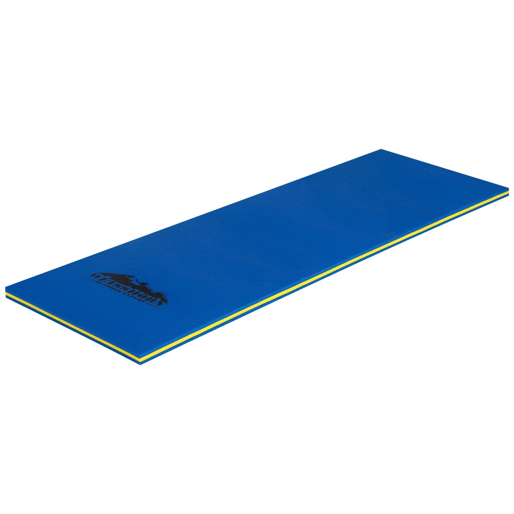 Rectangular blue floating water foam pad with yellow edge trim and black logo