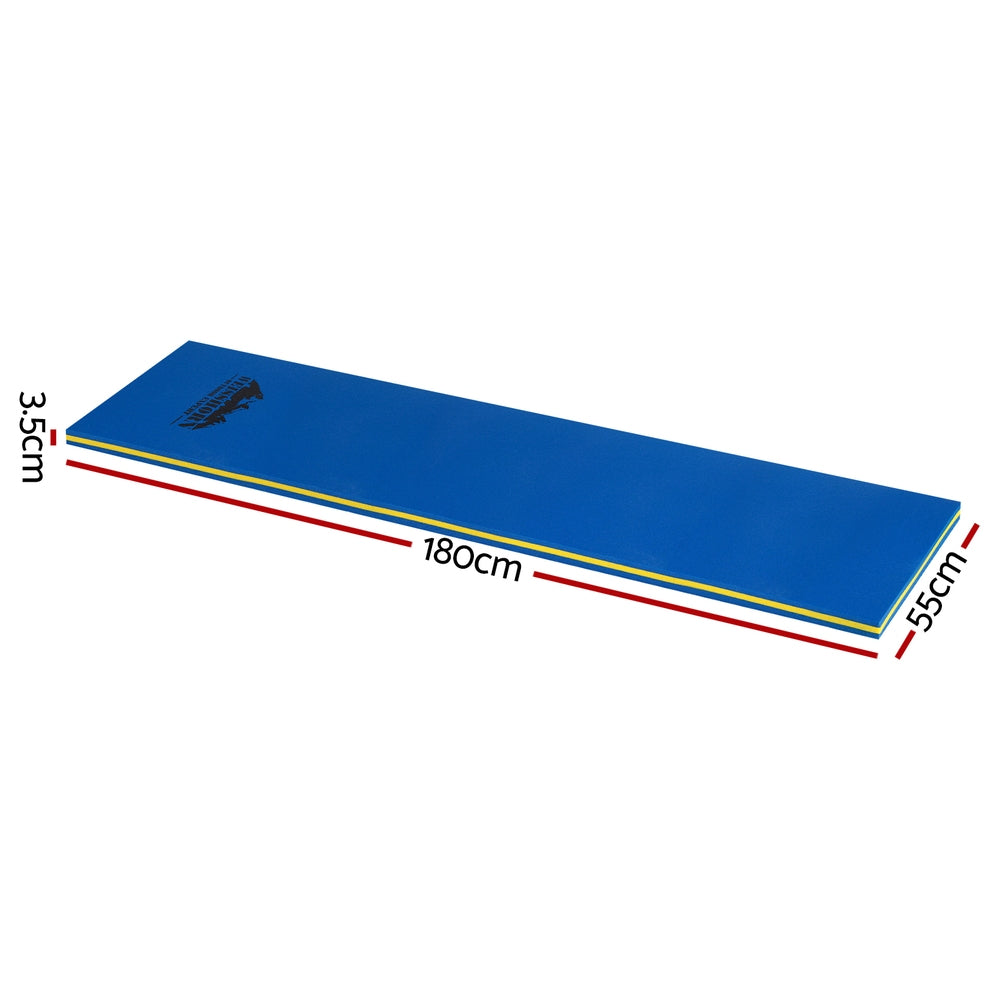 Blue floating water mat with yellow and red edge layers; 180x55cm shape shown