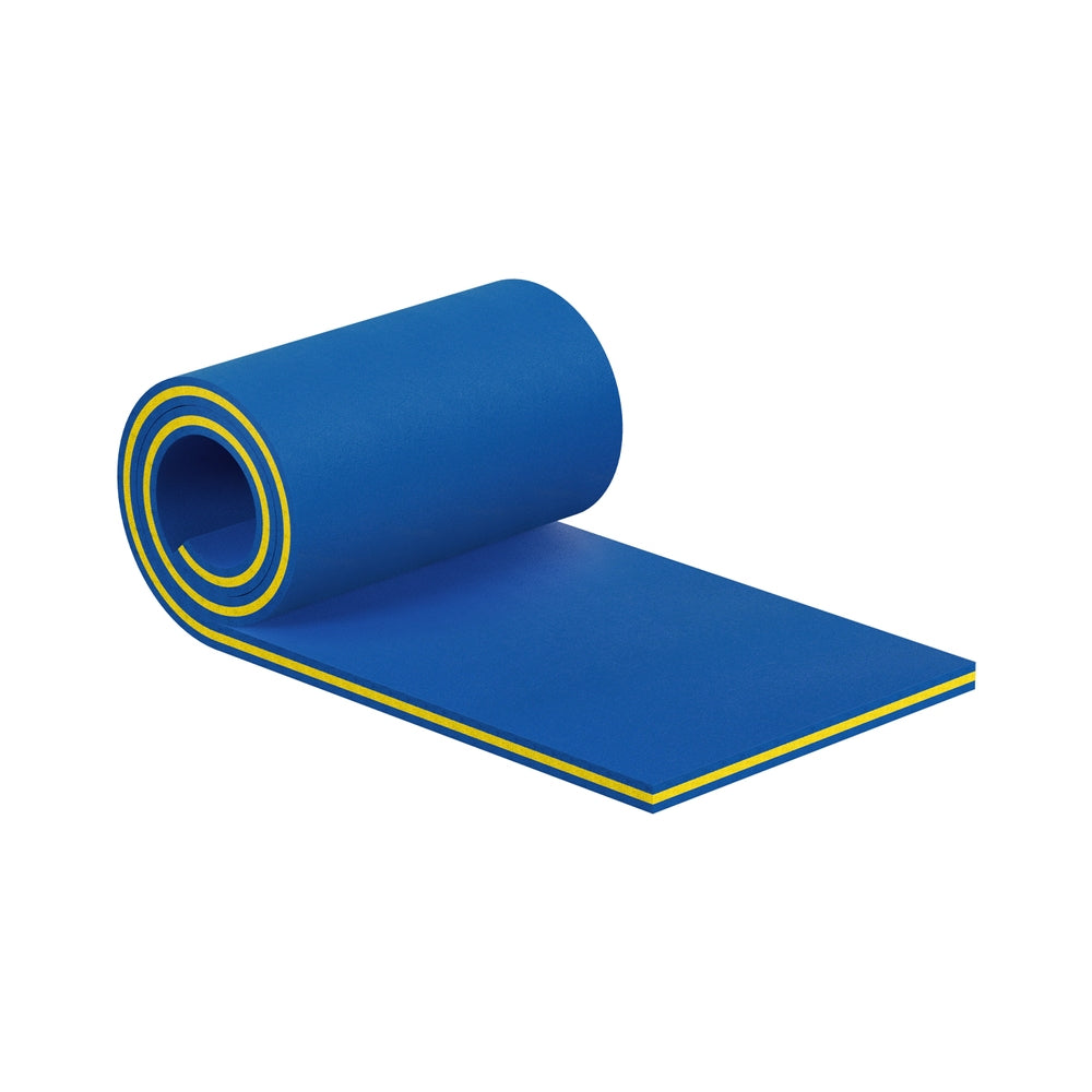 Rolled blue floating foam mat with yellow edge stripes and inner ring detail
