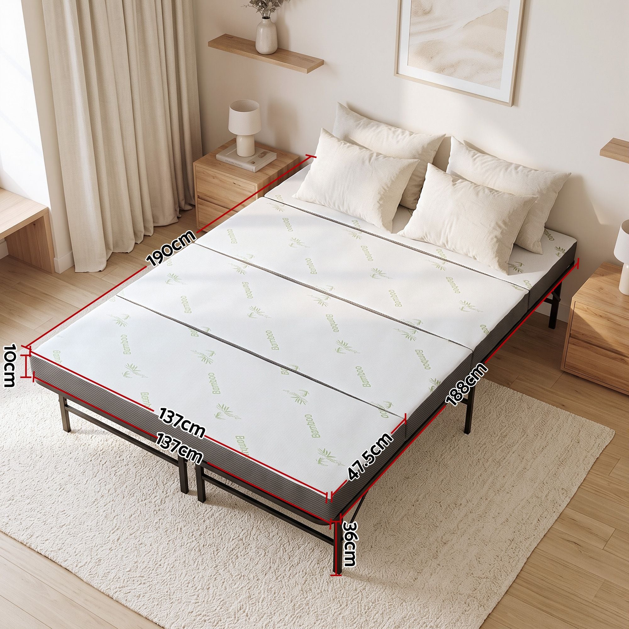 Giselle Double Folding Bed with Mattress 4 Fold Metal Frame Guest Bed Bamboo Cover Bedworld