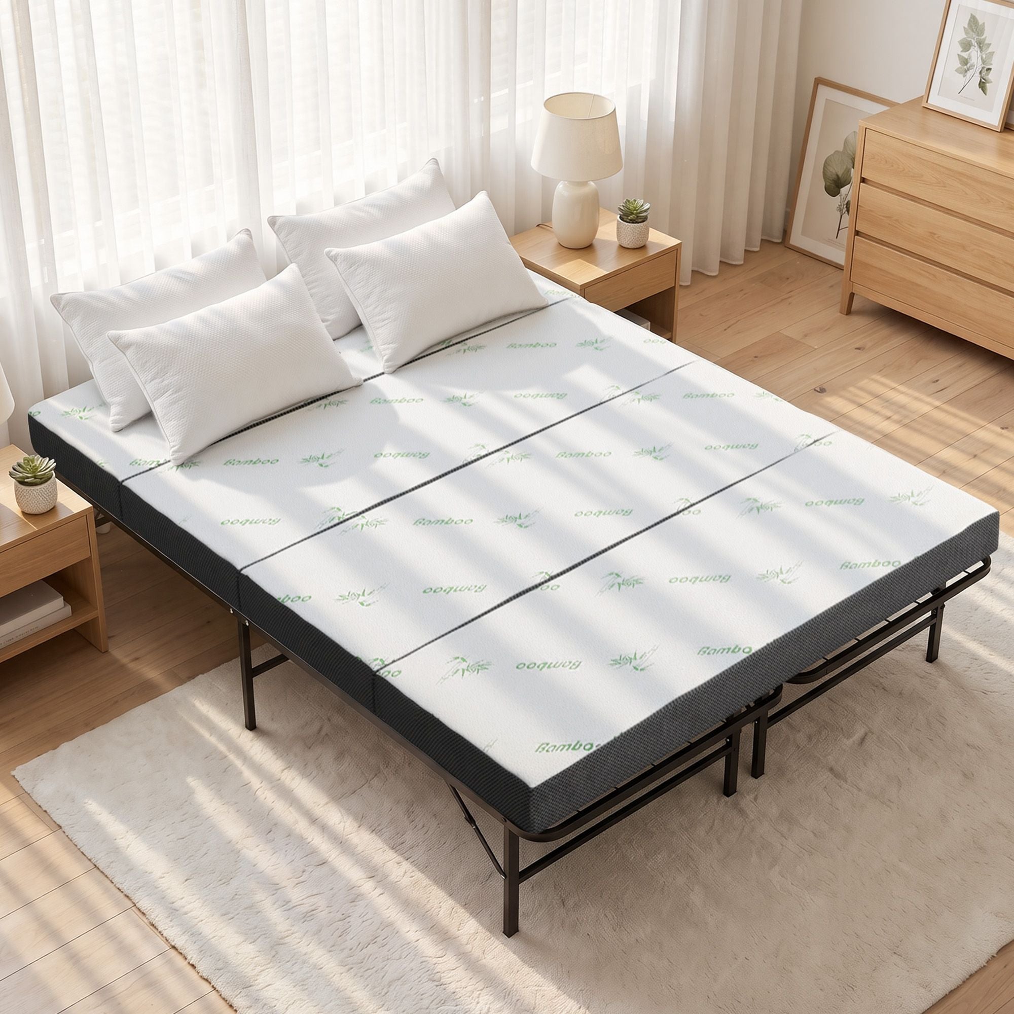 Giselle Double Folding Bed with Mattress 4 Fold Metal Frame Guest Bed Bamboo Cover Bedworld