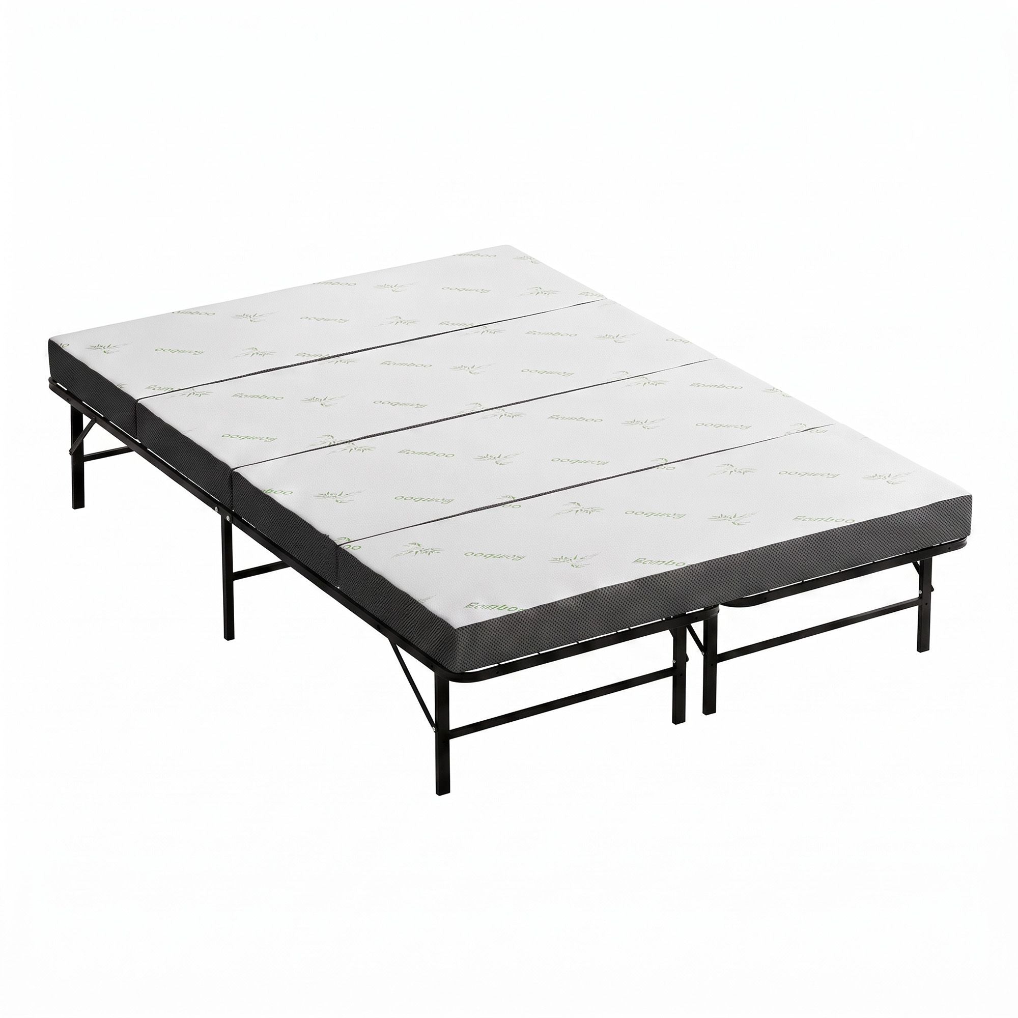 Giselle Double Folding Bed with Mattress 4 Fold Metal Frame Guest Bed Bamboo Cover Bedworld