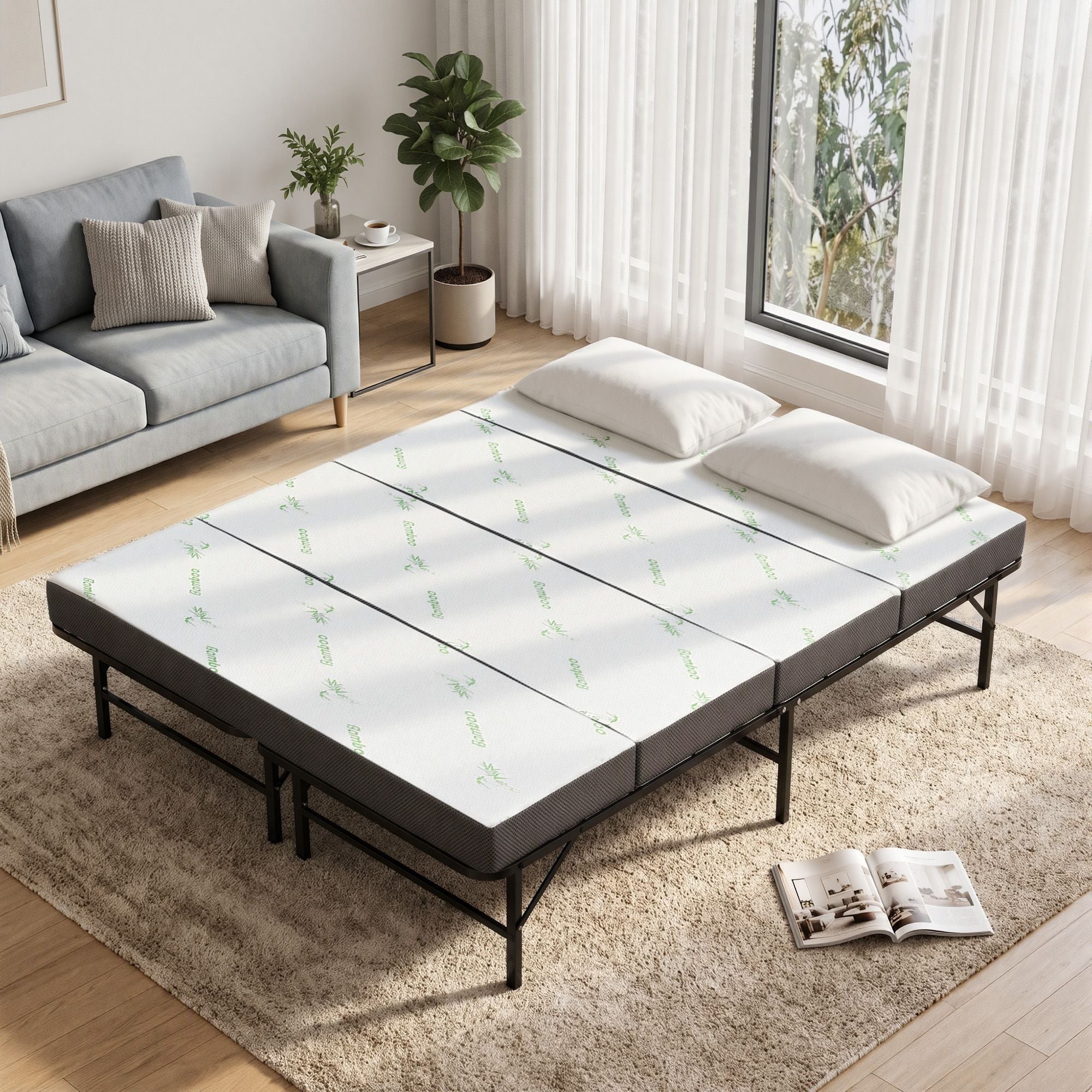 Giselle Queen Folding Bed with Mattress 4 Fold Metal Frame Guest Bed Bamboo Cover Bedworld