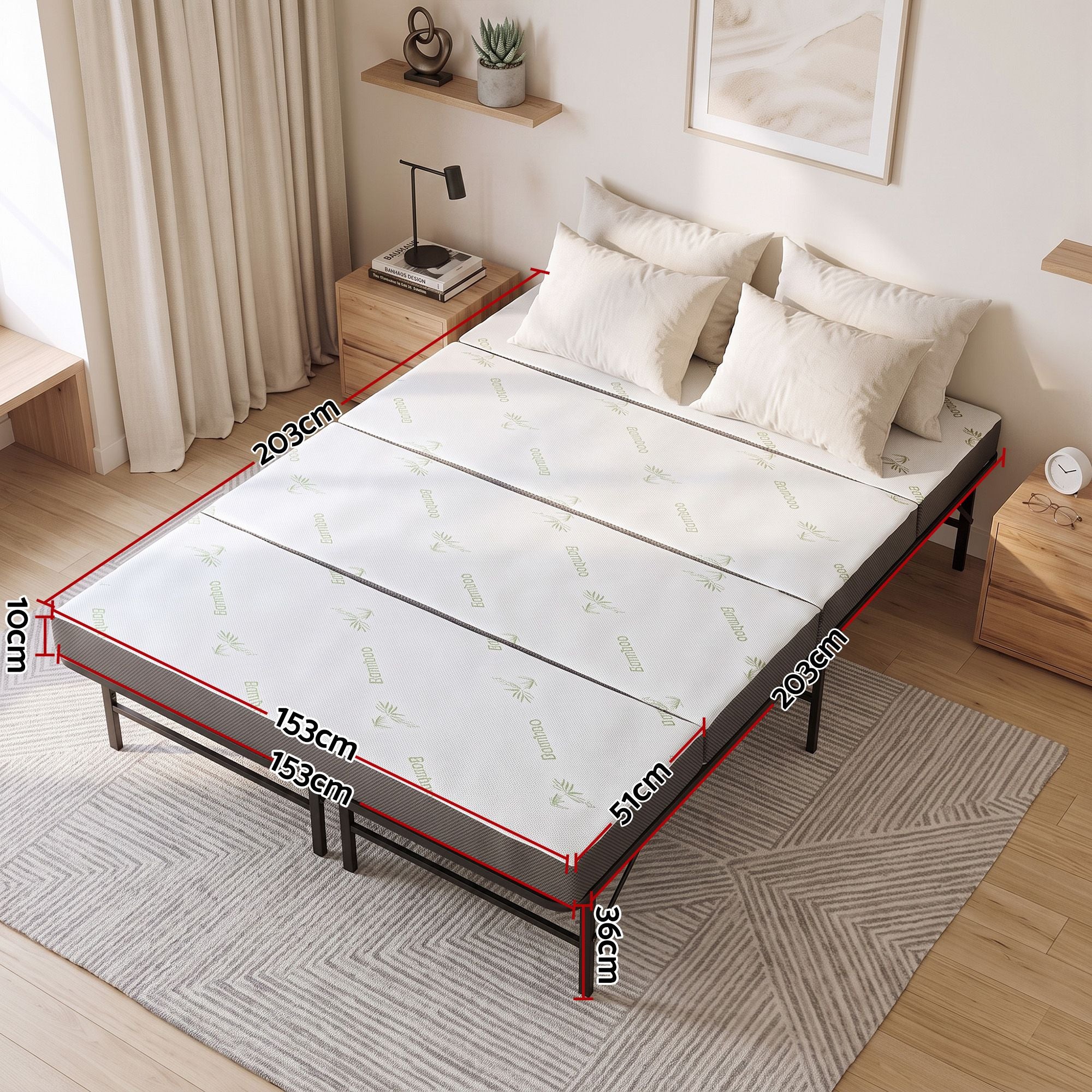 Giselle Queen Folding Bed with Mattress 4 Fold Metal Frame Guest Bed Bamboo Cover Bedworld