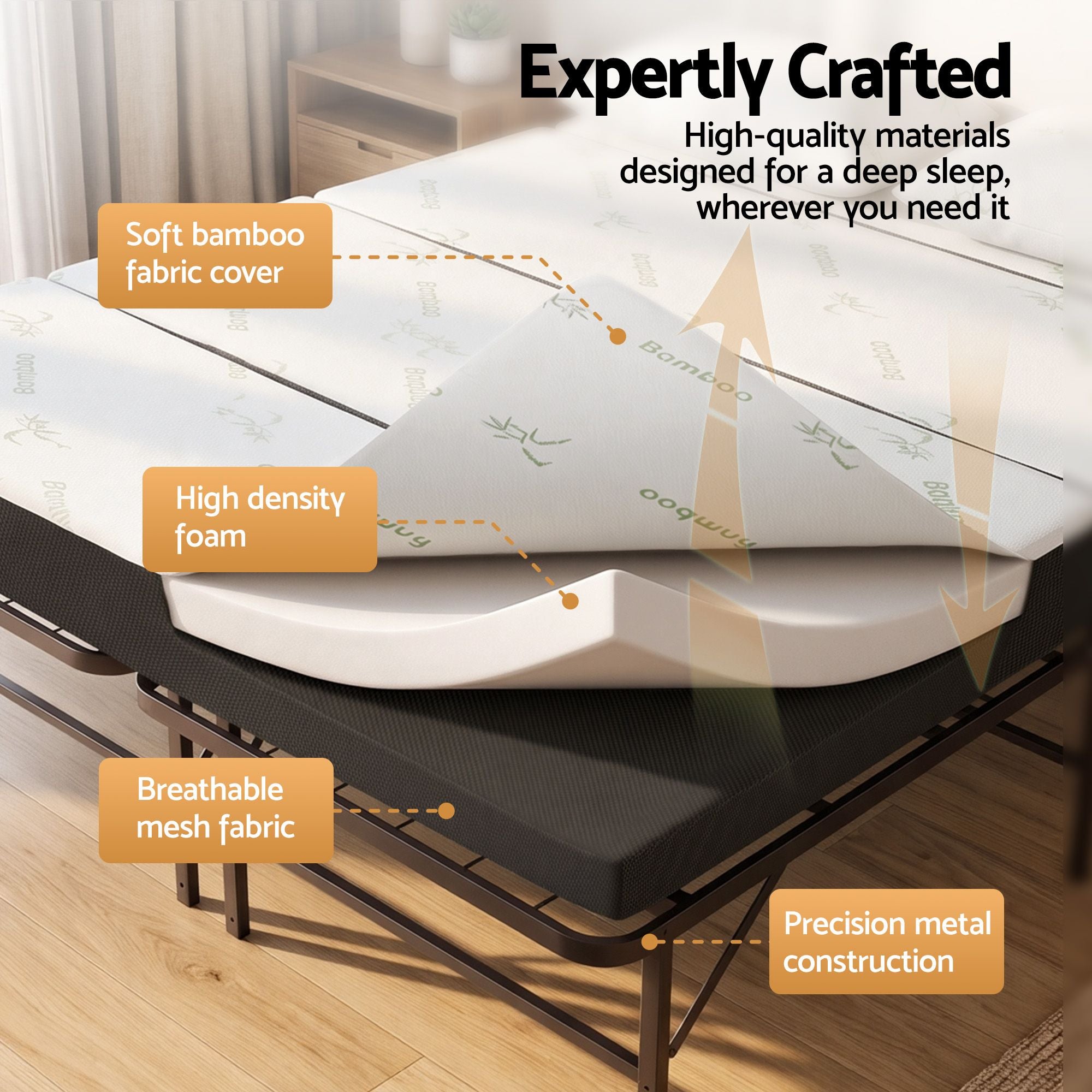 Giselle Queen Folding Bed with Mattress 4 Fold Metal Frame Guest Bed Bamboo Cover Bedworld
