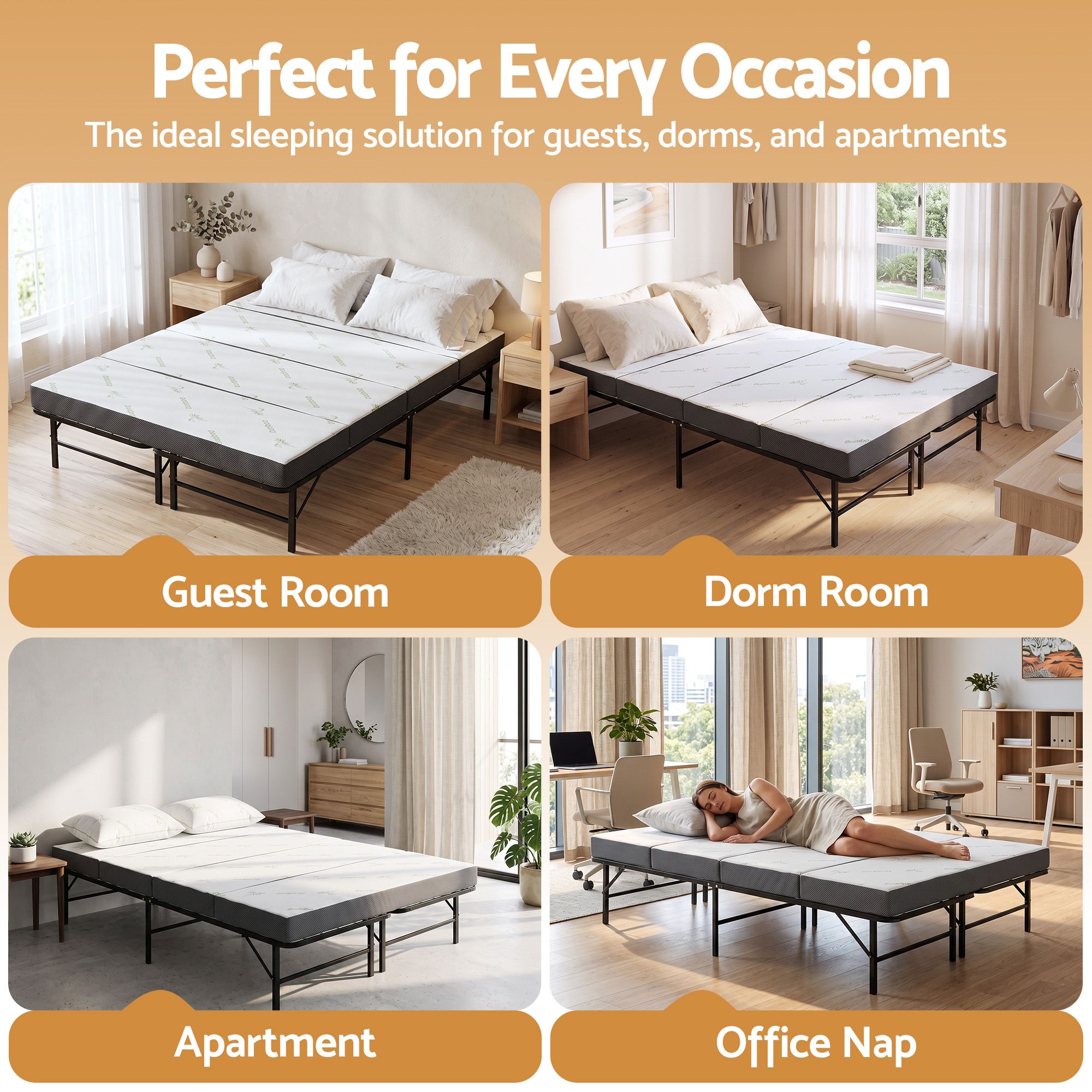 Giselle Queen Folding Bed with Mattress 4 Fold Metal Frame Guest Bed Bamboo Cover Bedworld