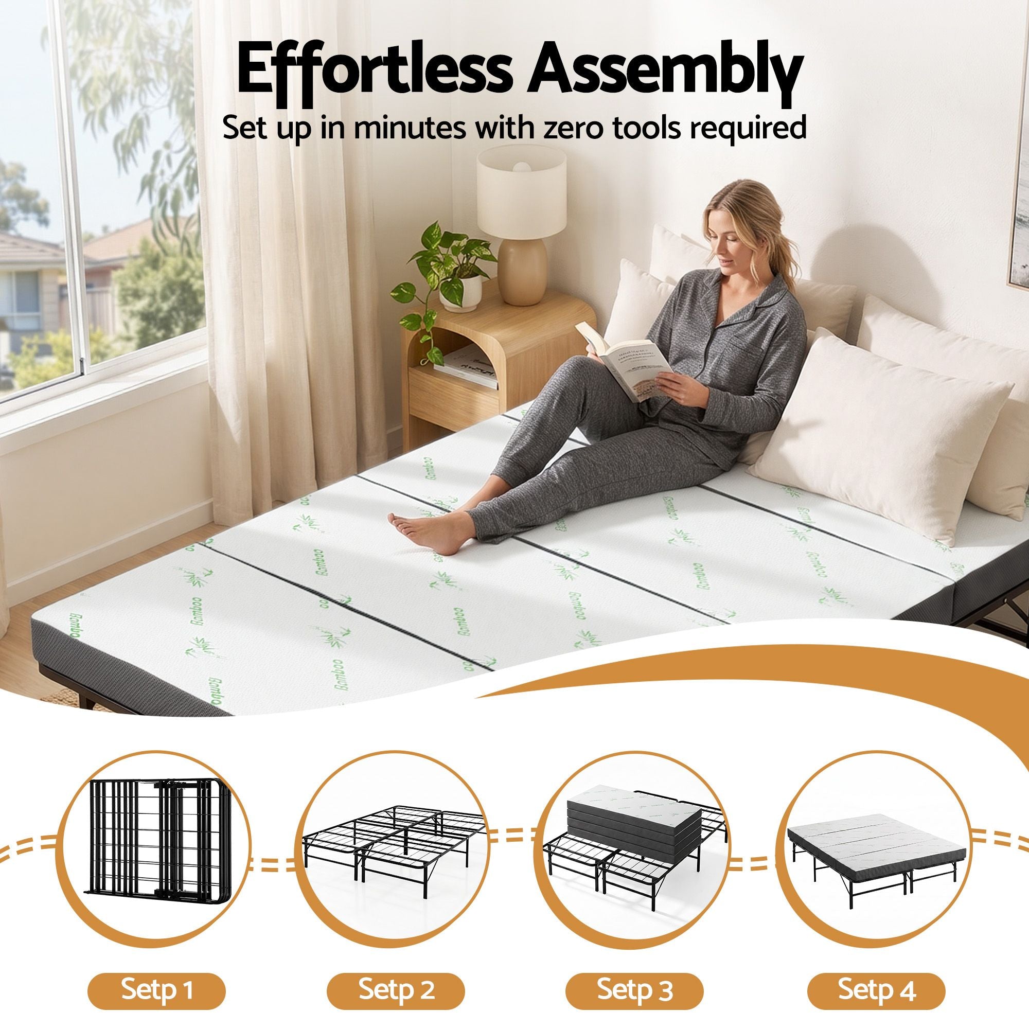 Giselle Queen Folding Bed with Mattress 4 Fold Metal Frame Guest Bed Bamboo Cover Bedworld