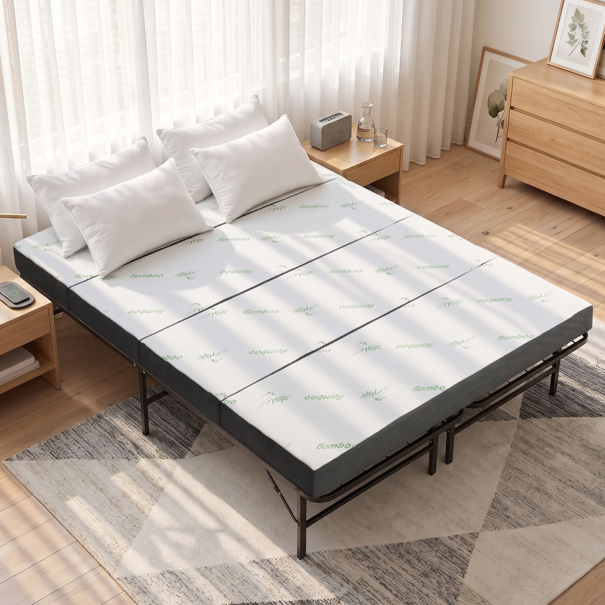 Giselle Queen Folding Bed with Mattress 4 Fold Metal Frame Guest Bed Bamboo Cover Bedworld