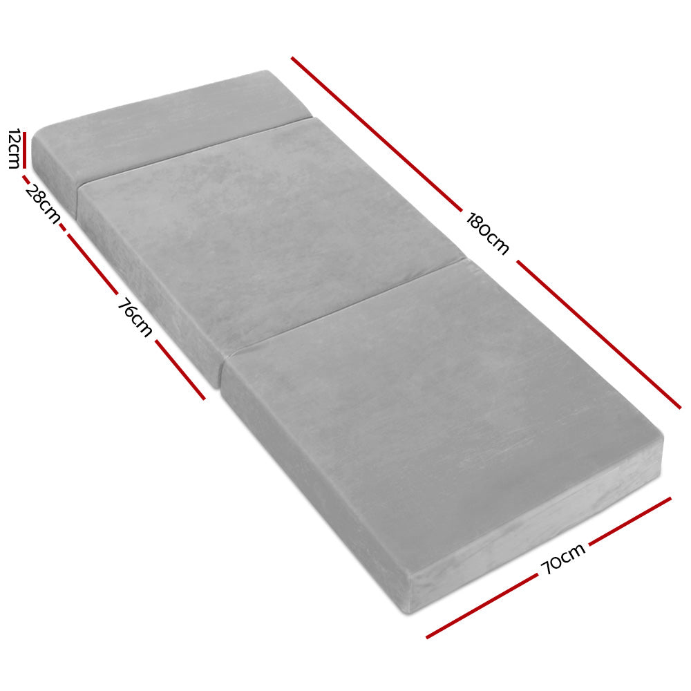 Light grey foldable foam mattress mat with size measurements shown