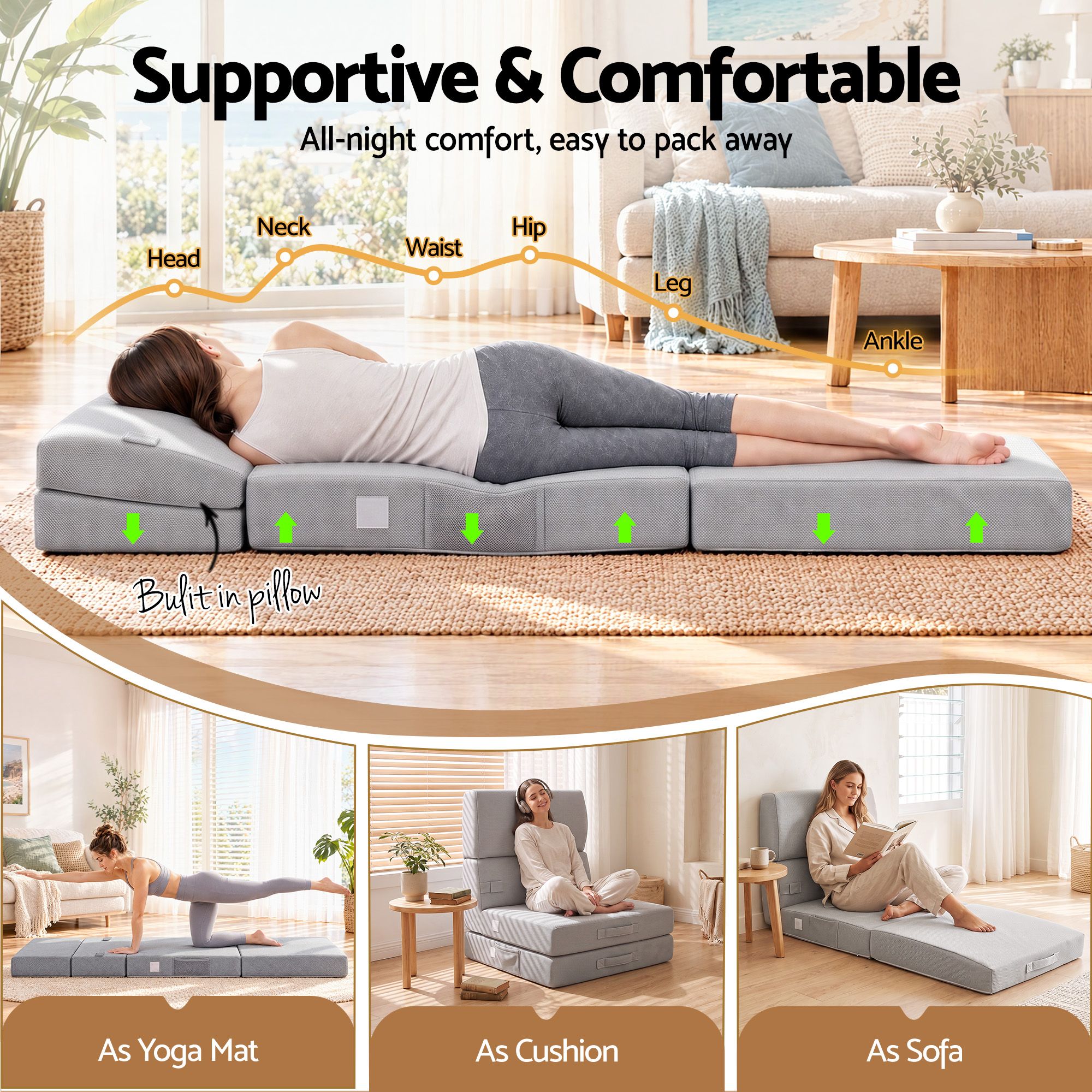 Giselle Folding Mattress Single 15cm Foldable 4-Fold Foam Chair Bed Storage Bag Bedworld