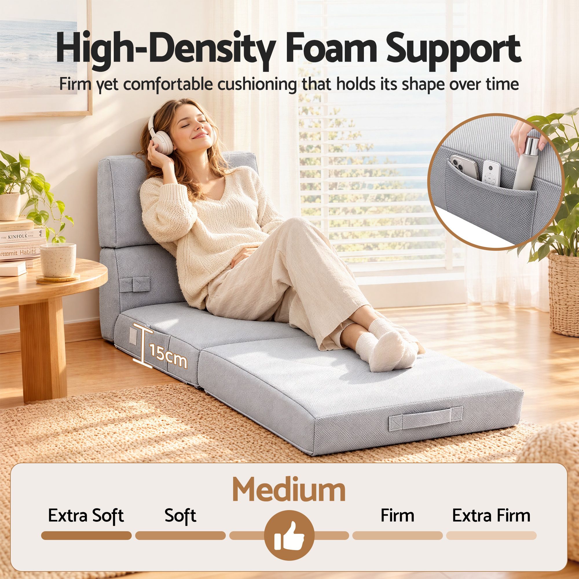 Giselle Folding Mattress Single 15cm Foldable 4-Fold Foam Chair Bed Storage Bag Bedworld